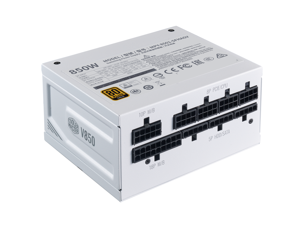 MPY-8501-SFHAGV  
MODEL: MPY-8501-SFHAGV  
850W  
80 PLUS GOLD  
COOLER MASTER V850  
8P PCIe/CPU  
10P M/B  
18P M/B  
5P HDD/SATA  
CE FC EHI