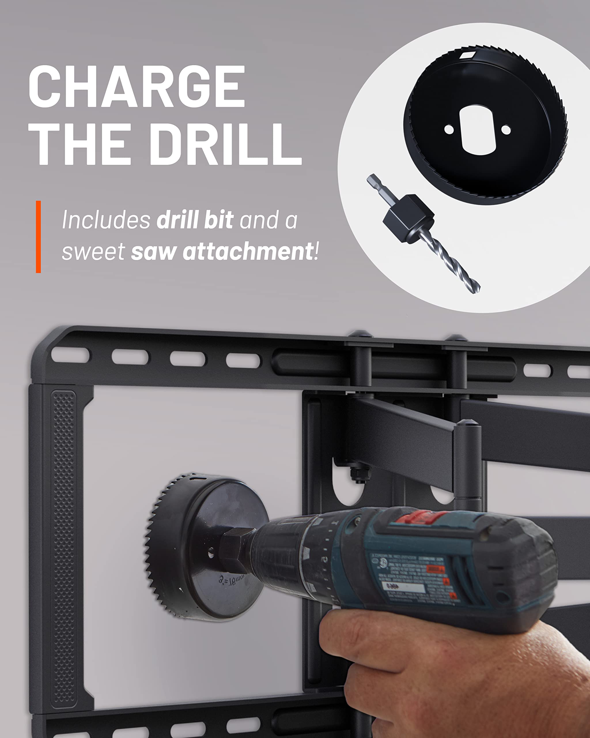 CHARGE THE DRILL

Includes drill bit and a sweet saw attachment!
