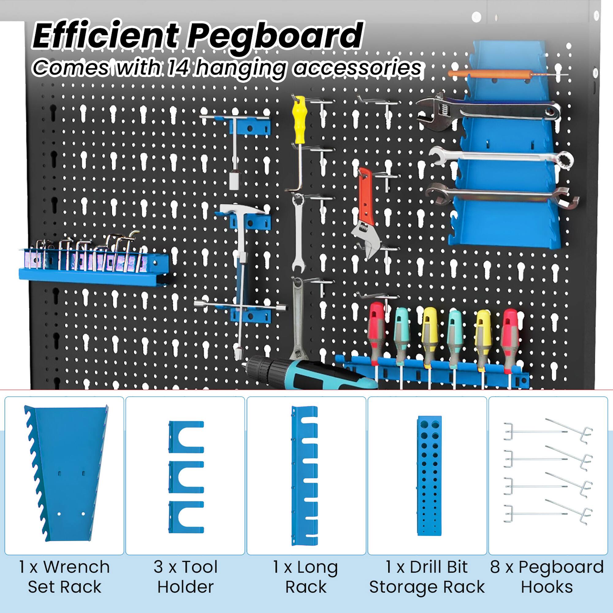 Efficient Pegboard  
Comes with 14 hanging accessories

1 x Wrench Set Rack  
3 x Tool Holder  
1 x Long Rack  
1 x Drill Bit Storage Rack  
8 x Pegboard Hooks