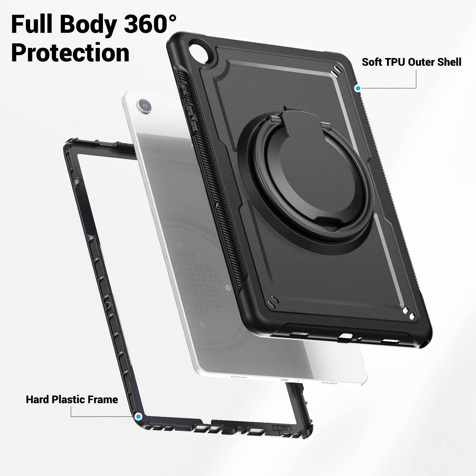 Full Body 360° Protection  
Soft TPU Outer Shell  
Hard Plastic Frame