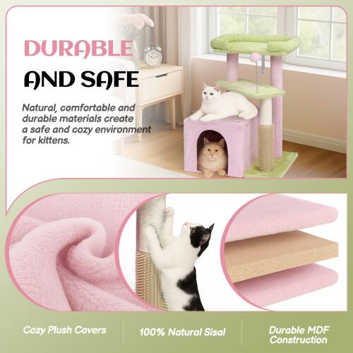 DURABLE AND SAFE

Natural, comfortable and durable materials create a safe and cozy environment for kittens.

Cozy Plush Covers  
100% Natural Sisal  
Durable MDF Construction