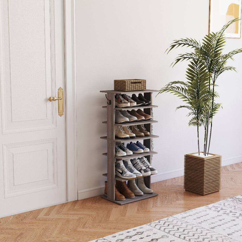 Alt View 1. Loheer - Loheer 7 tier vertical shoe rack with side hooks rustic gray - Rustic Gray.