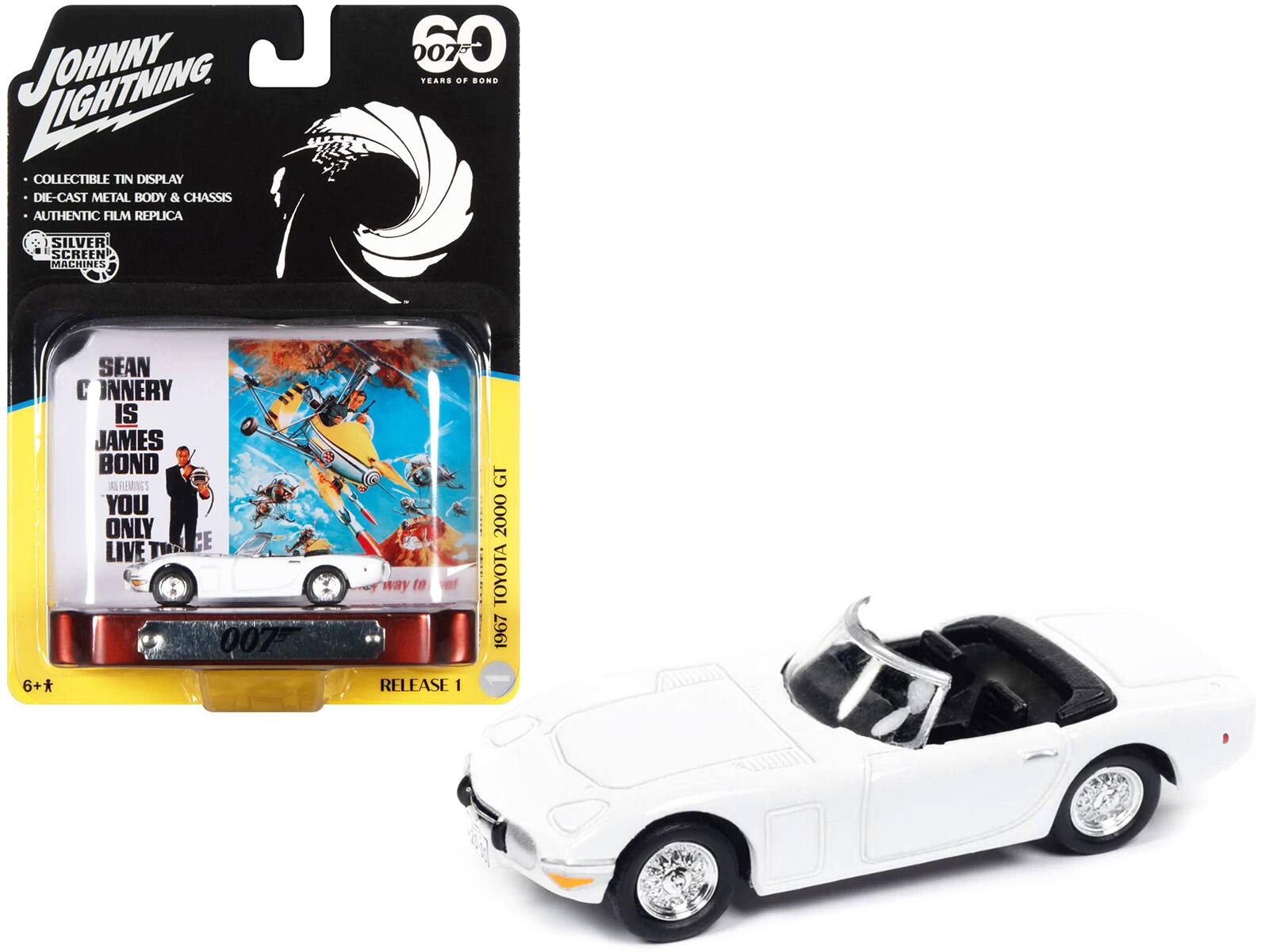 JOHNNY LIGHTNING

COLLECTIBLE TIN DISPLAY
DIE-CAST METAL BODY & CHASSIS
AUTHENTIC FILM REPLICA

SILVER SCREEN MACHINES

SEAN CONNERY IS JAMES BOND

YOU ONLY LIVE TWICE

1967 TOYOTA 2000 GT

6+*

RELEASE 1

60 YEARS OF BOND