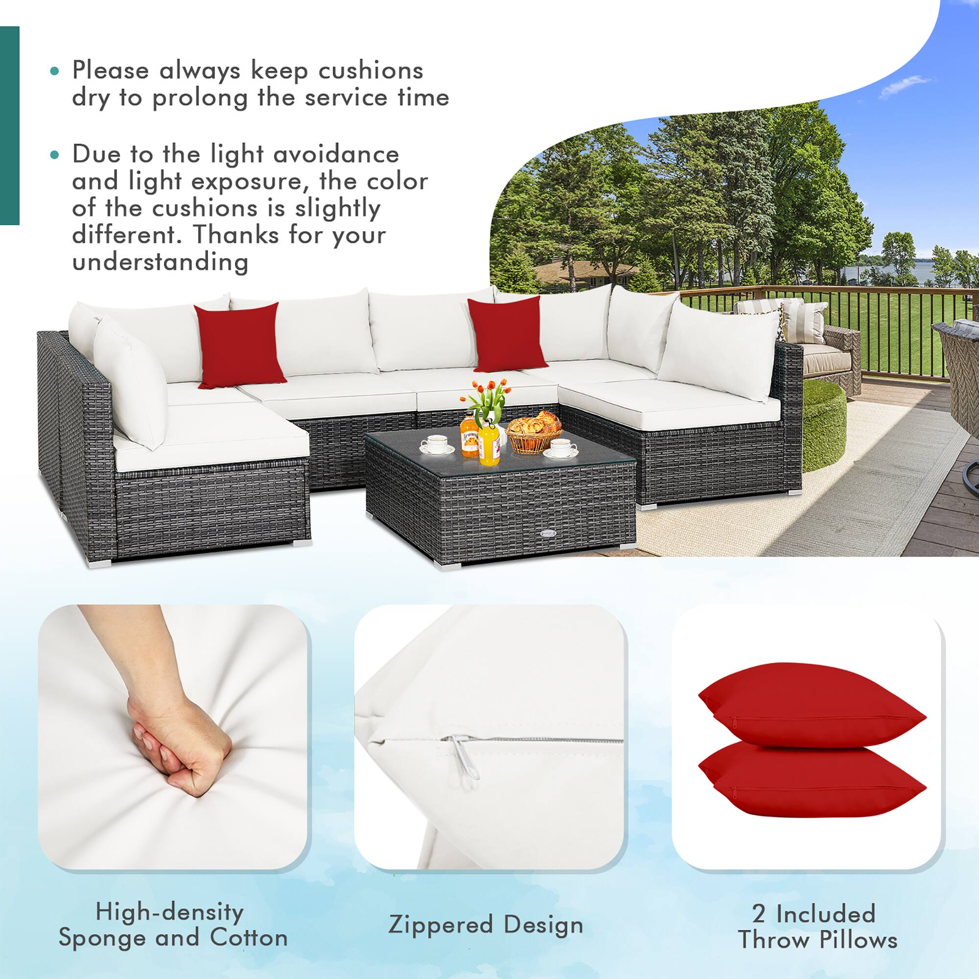 Please always keep cushions dry to prolong the service time. Due to the light avoidance and light exposure, the color of the cushions is slightly different. Thanks for your understanding.

High-density Sponge and Cotton Zippered Design.
2 Included Throw Pillows.