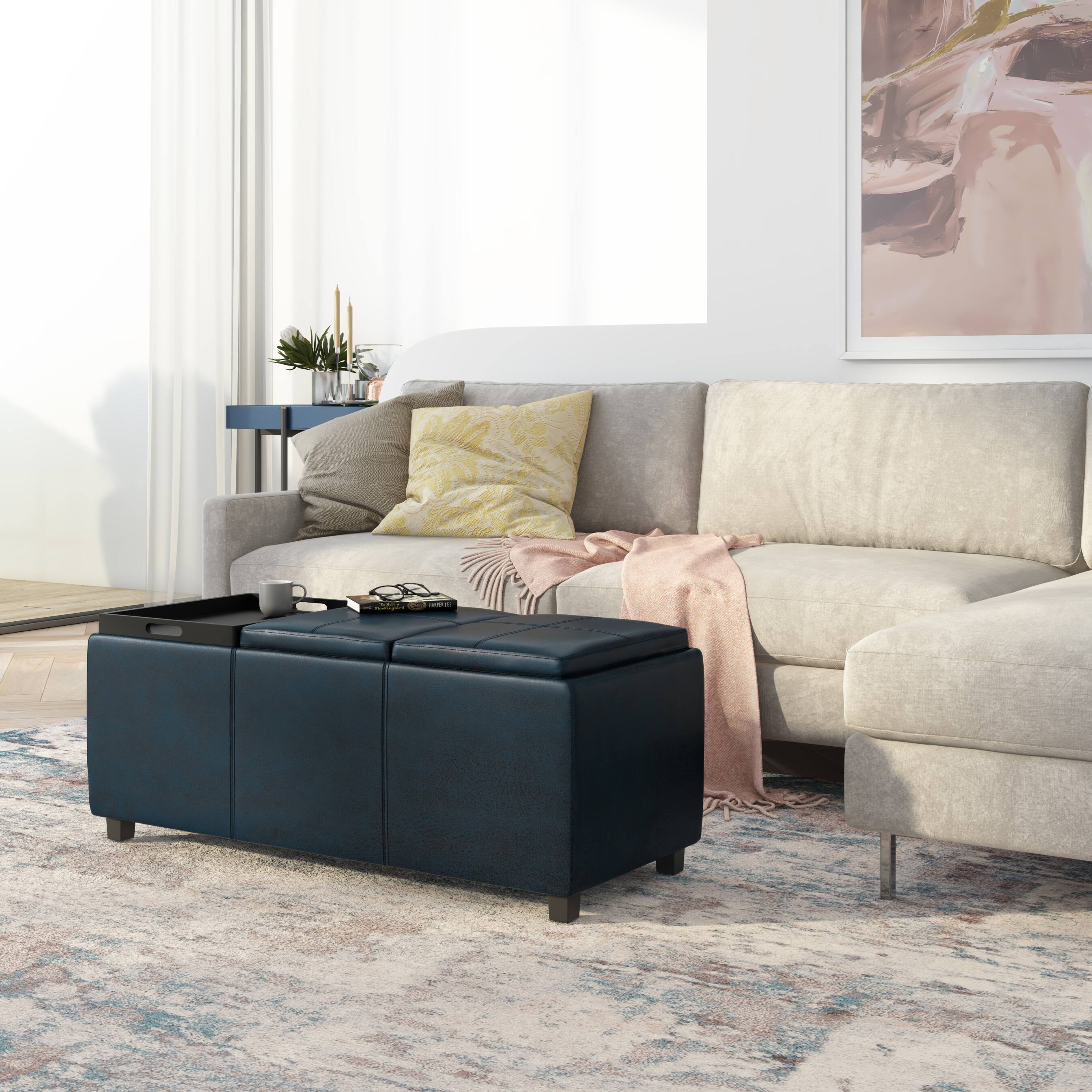 Left. Simpli Home - Avalon Storage Ottoman - Distressed Dark Blue.