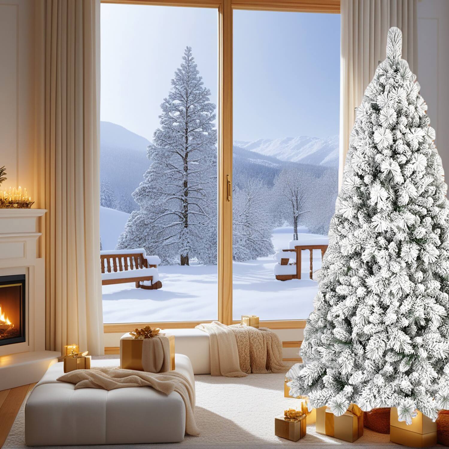 Resenkos - Artificial 7ft Flock LED-lit Christmas Tree with 1060PVC/Hard Needle Mixed Branch Tips - White