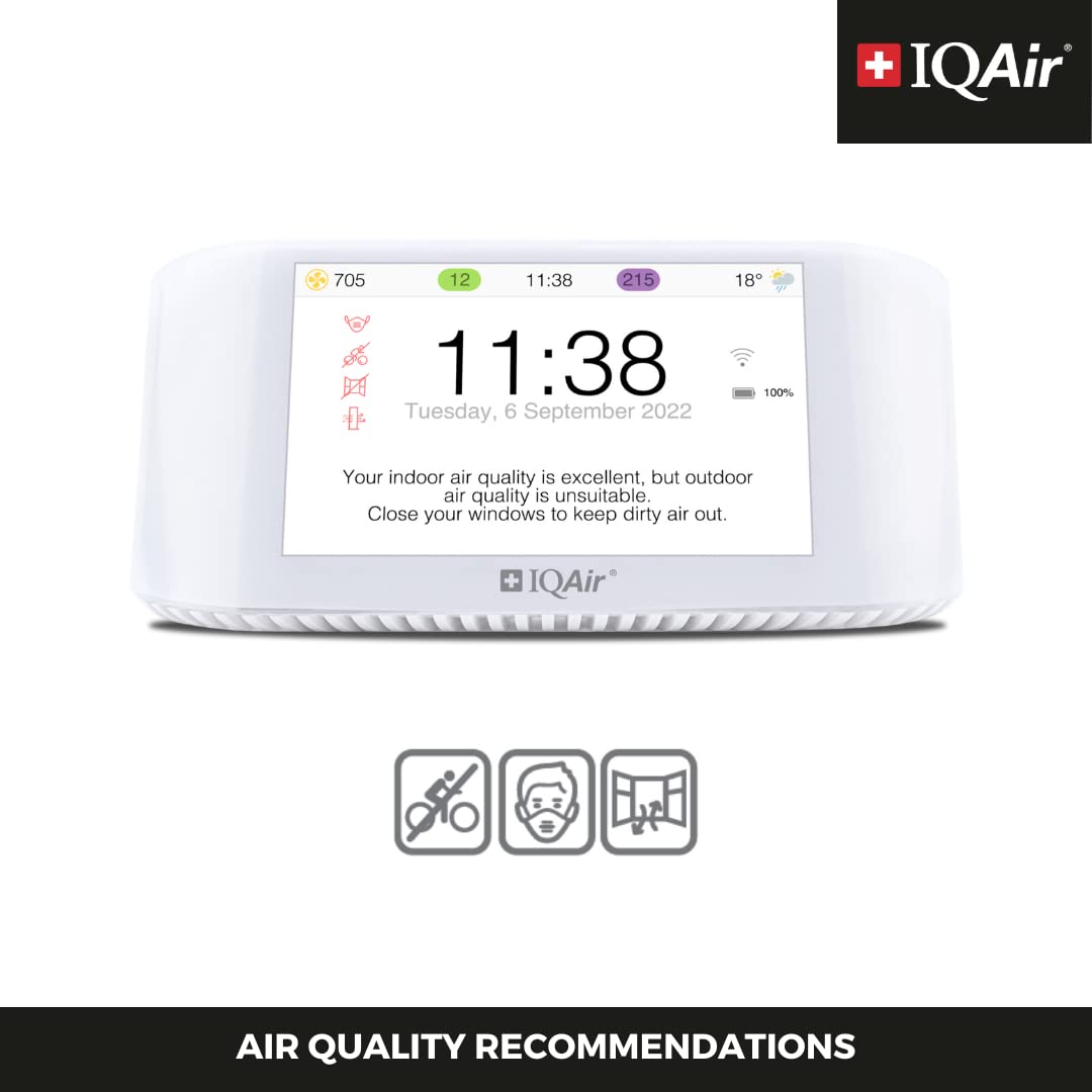 IQAir 705 12 11:38 215 18  11:38 Tuesday, 6 September 2022 100% Your indoor air quality is excellent, but outdoor air quality is unsuitable. Close your windows to keep dirty air out. IQAir AIR QUALITY RECOMMENDATIONS