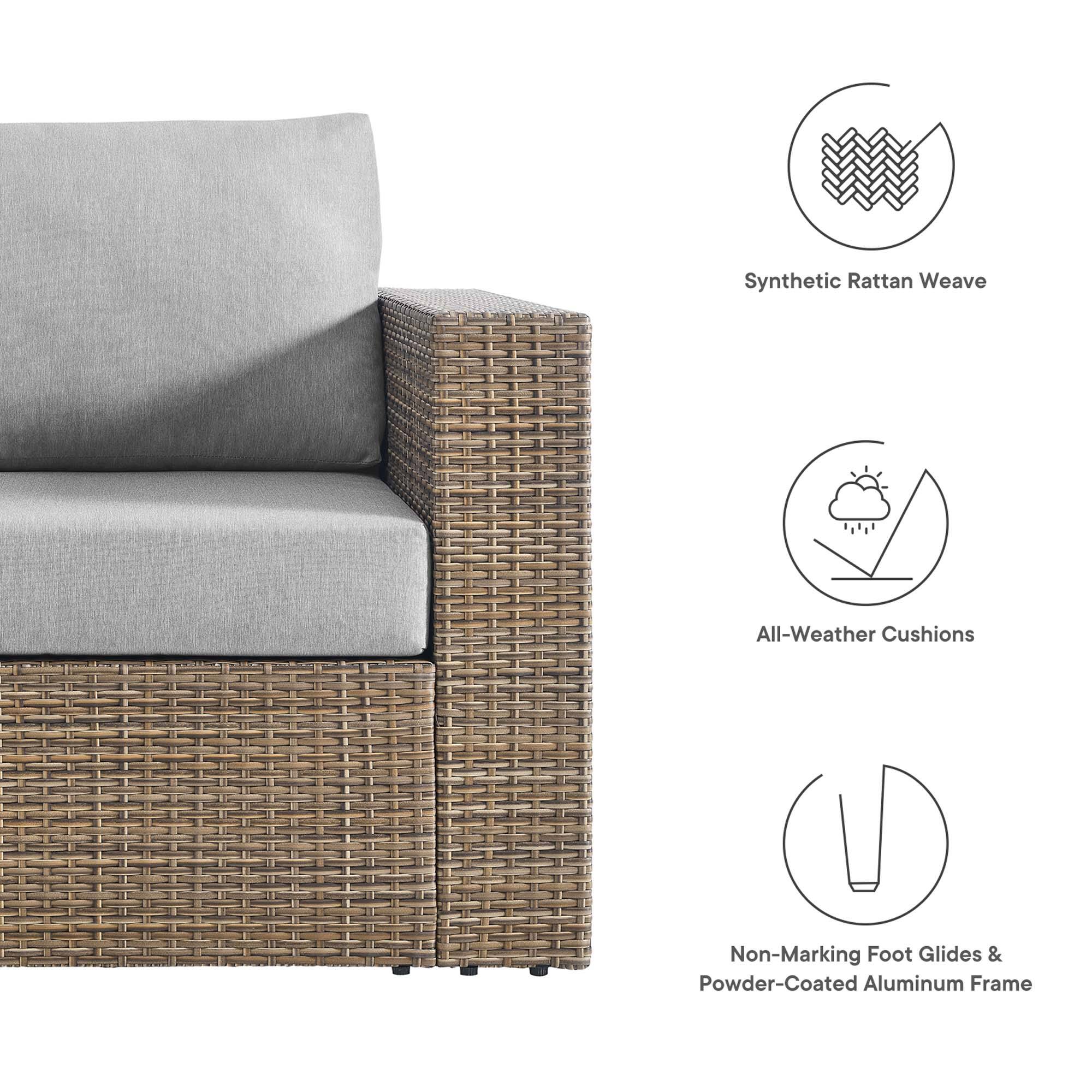 - Synthetic Rattan Weave
- All-Weather Cushions
- Non-Marking Foot Glides & Powder-Coated Aluminum Frame