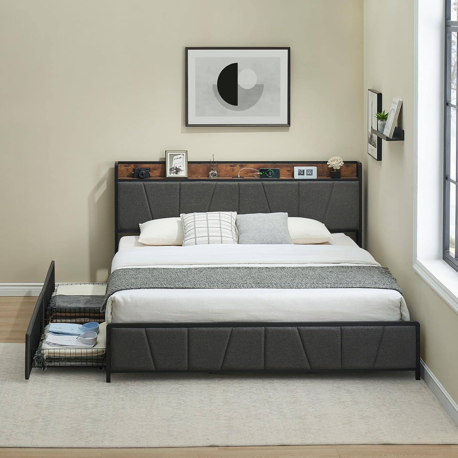 Left. Qeetex - Bed Frame with Headboard and Charging Function, Industrial Platform with Metal Frame, Easy Assembly - Gray.