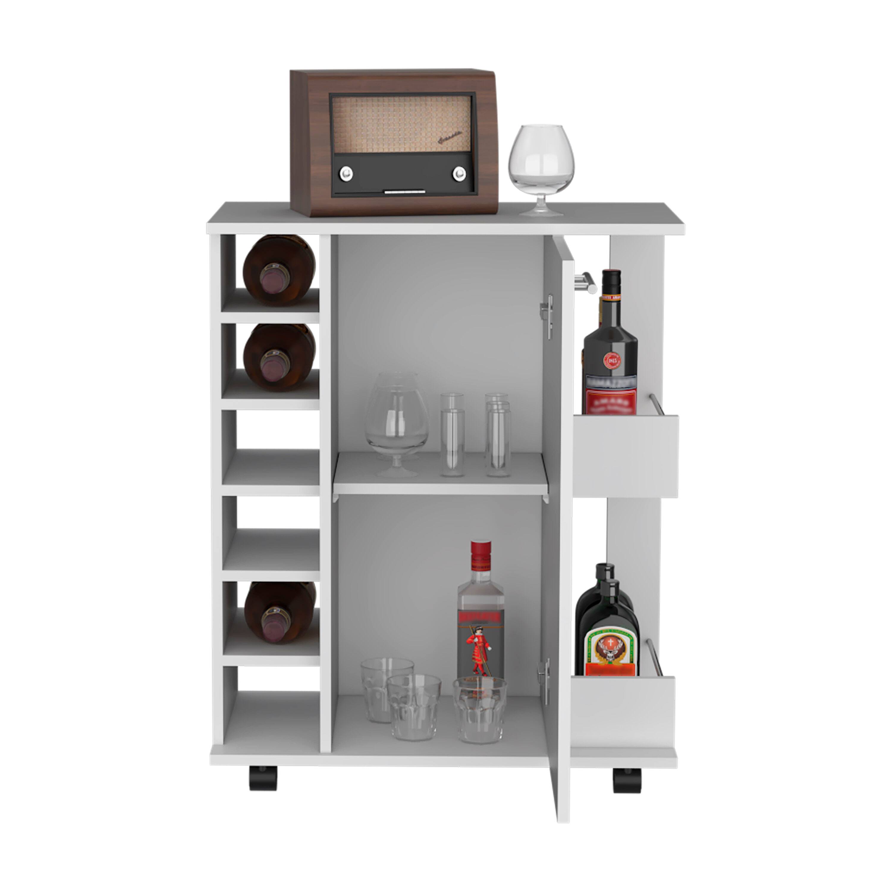 Alt View 2. TuHome - Lothian Bar Cart with Casters, 2-Side Storage Shelves, 6-Wine Bottle Rack, Living Room or Bar Room - White.