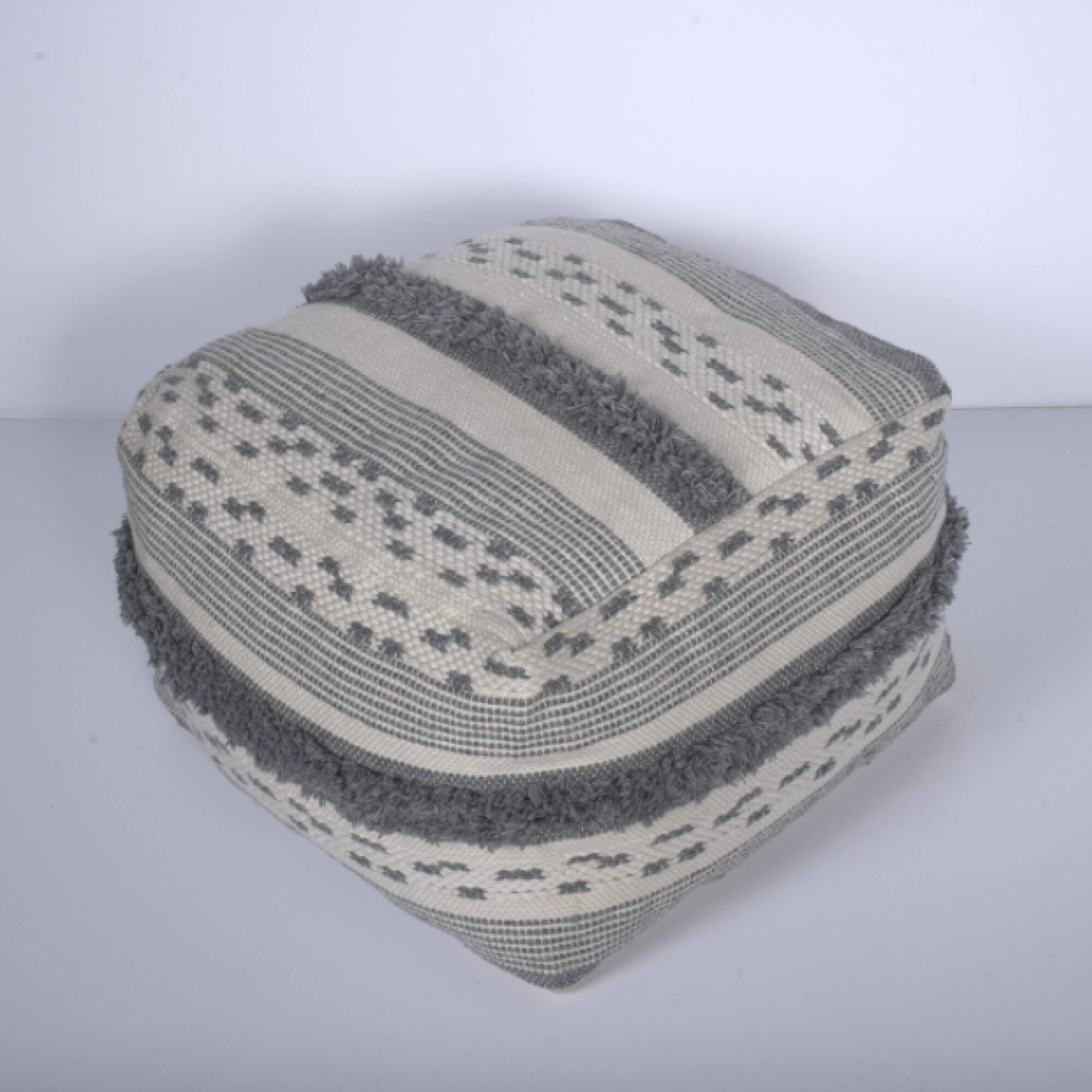 Left. GOODSILO - Large Handcrafted Faux Yarn Pouf Ottoman for Stylish Home Decor - Ivory+Grey.