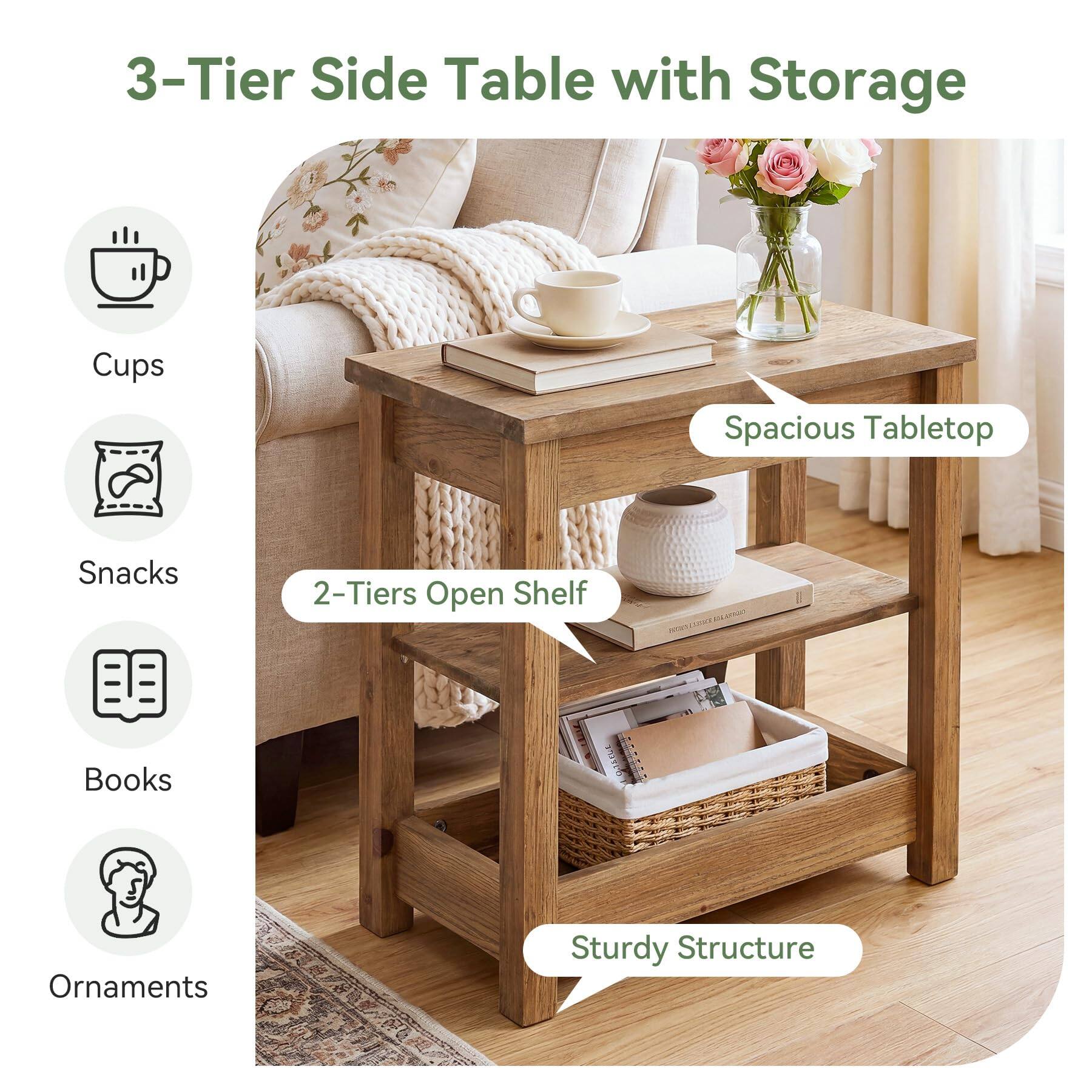 3-Tier Side Table with Storage

- Cups
- Spacious Tabletop
- Snacks
- 2-Tiers Open Shelf
- Books
- Ornaments
- Sturdy Structure