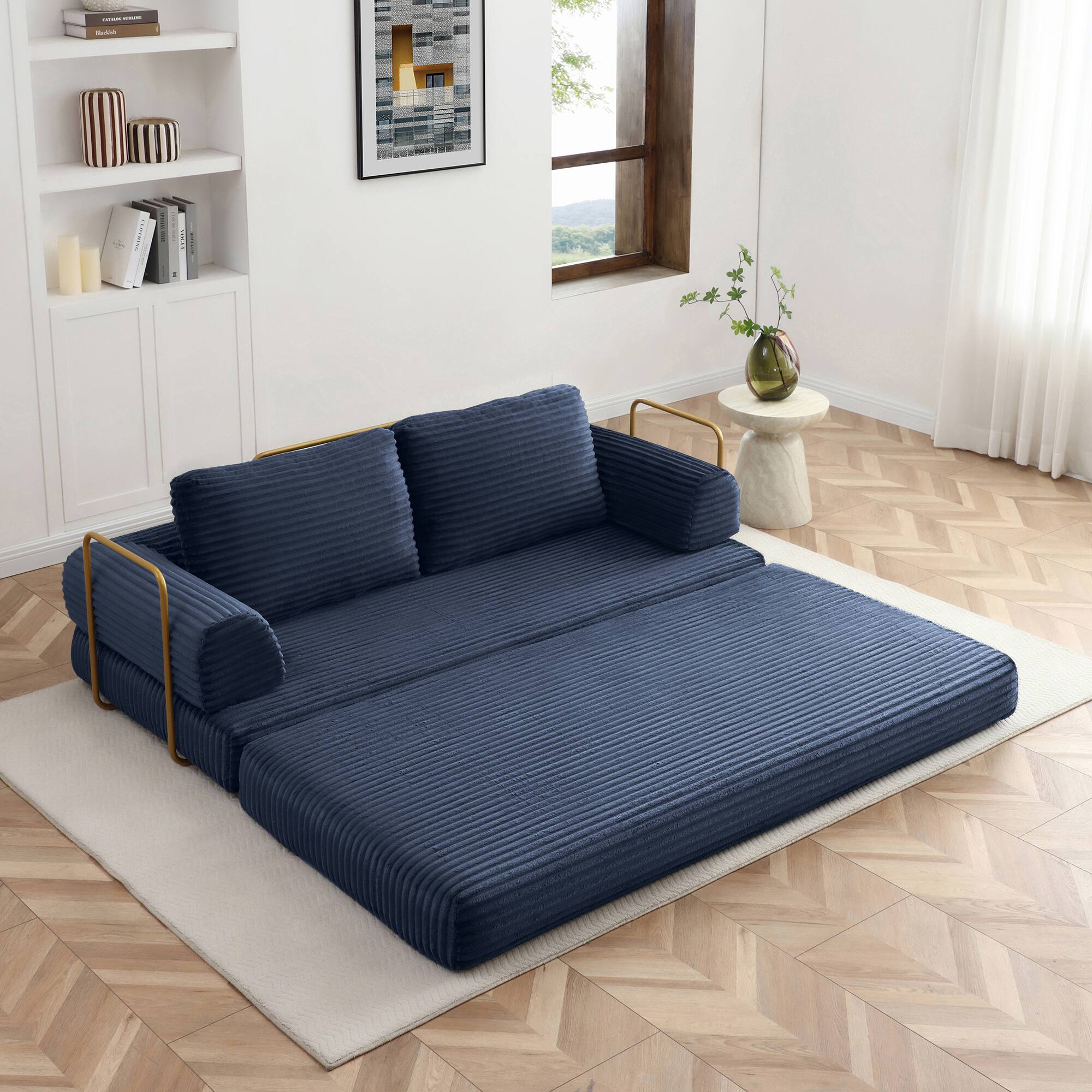 Alt View 2. Roomtec - Convertible Sofa Bed Folding Floor Couch Corduroy Fold Out Couch Bed Futon Sleeper Mattress with Pillows Boneless Sofa - Blue.