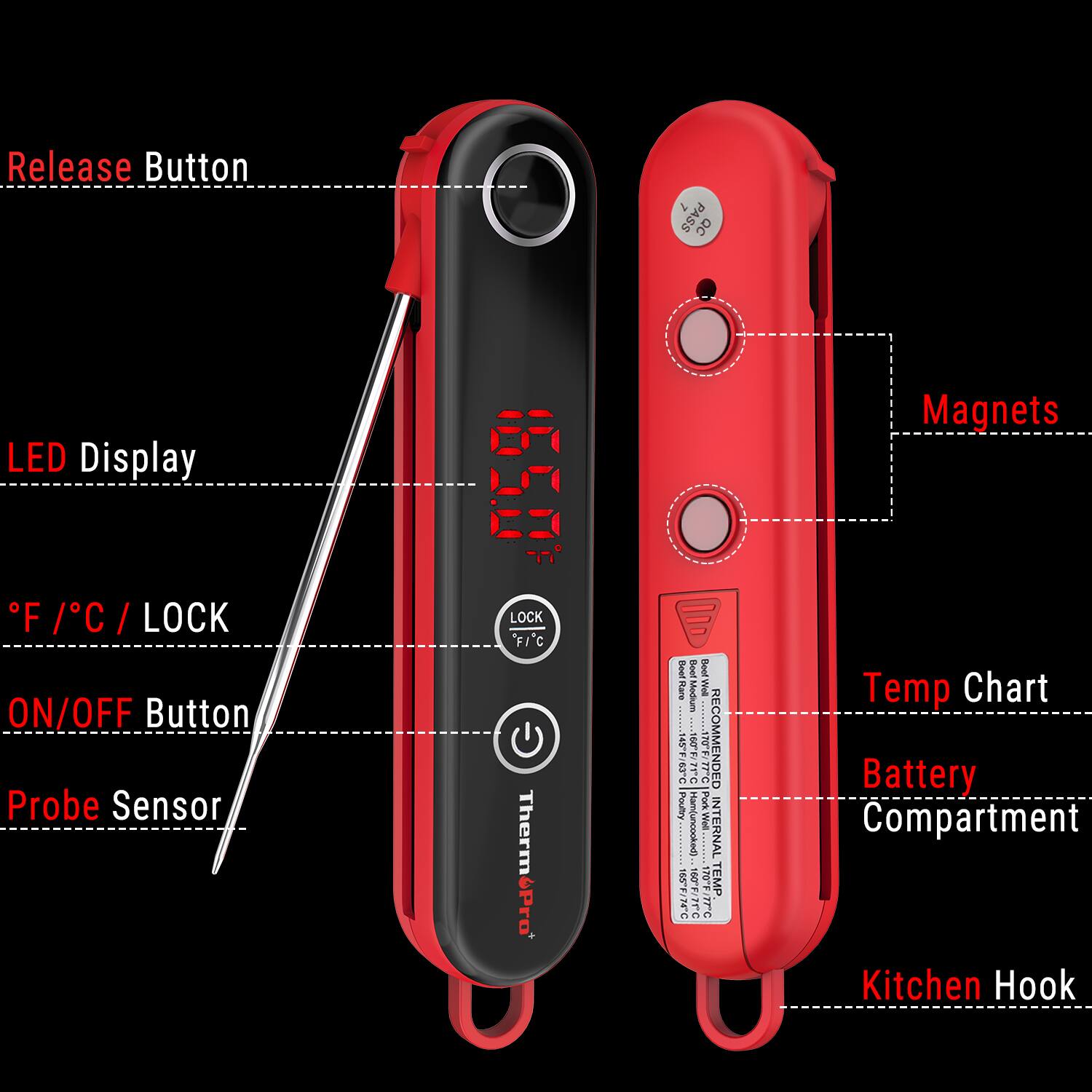 The image shows a red device with a release button, LED display, and a probe sensor. It also has a lock feature and an on/off button. The device is designed to measure temperature and has a magnet on it. The temperature chart is displayed on the device, and it comes with a battery compartment. The device can be used for cooking purposes, specifically for pork, and it can be hung on a kitchen hook for easy access.