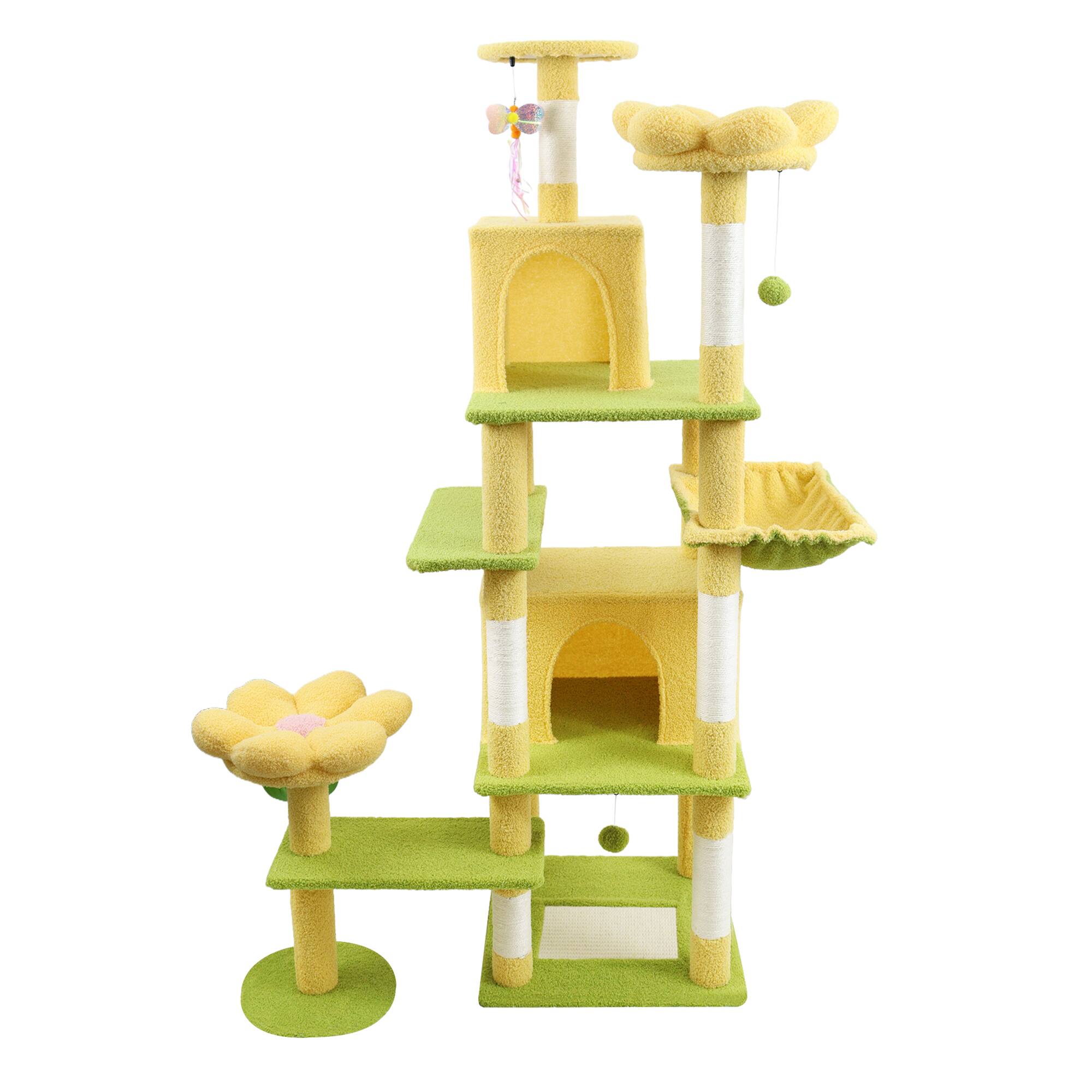 Dexmalle - Dexmalle-71 Inch Flower Cat Tree with Removable and Hammock - Yellow