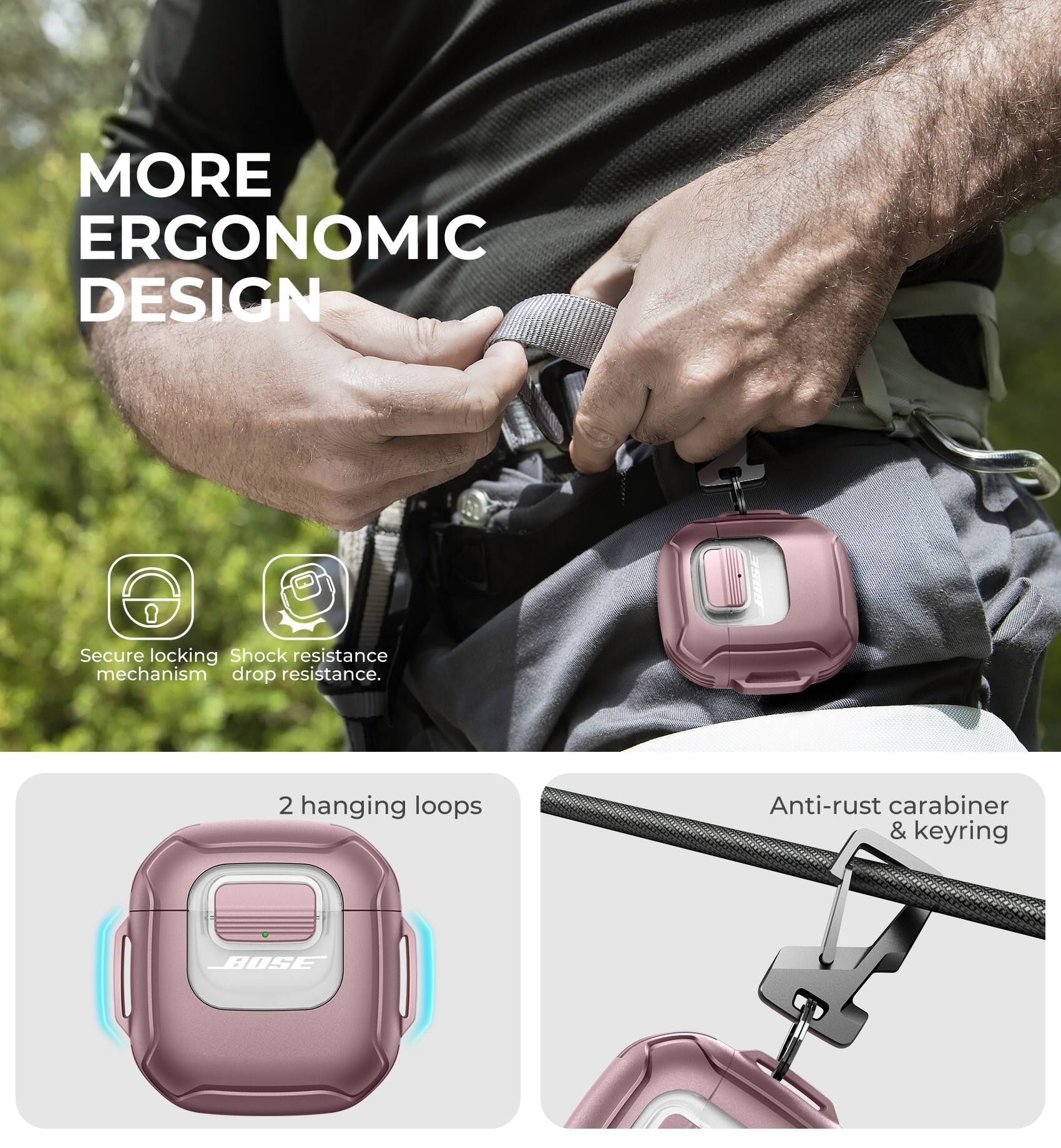 MORE ERGONOMIC DESIGN

- Secure locking mechanism
- Shock resistance drop resistance
- 2 hanging loops
- Anti-rust carabiner & keyring