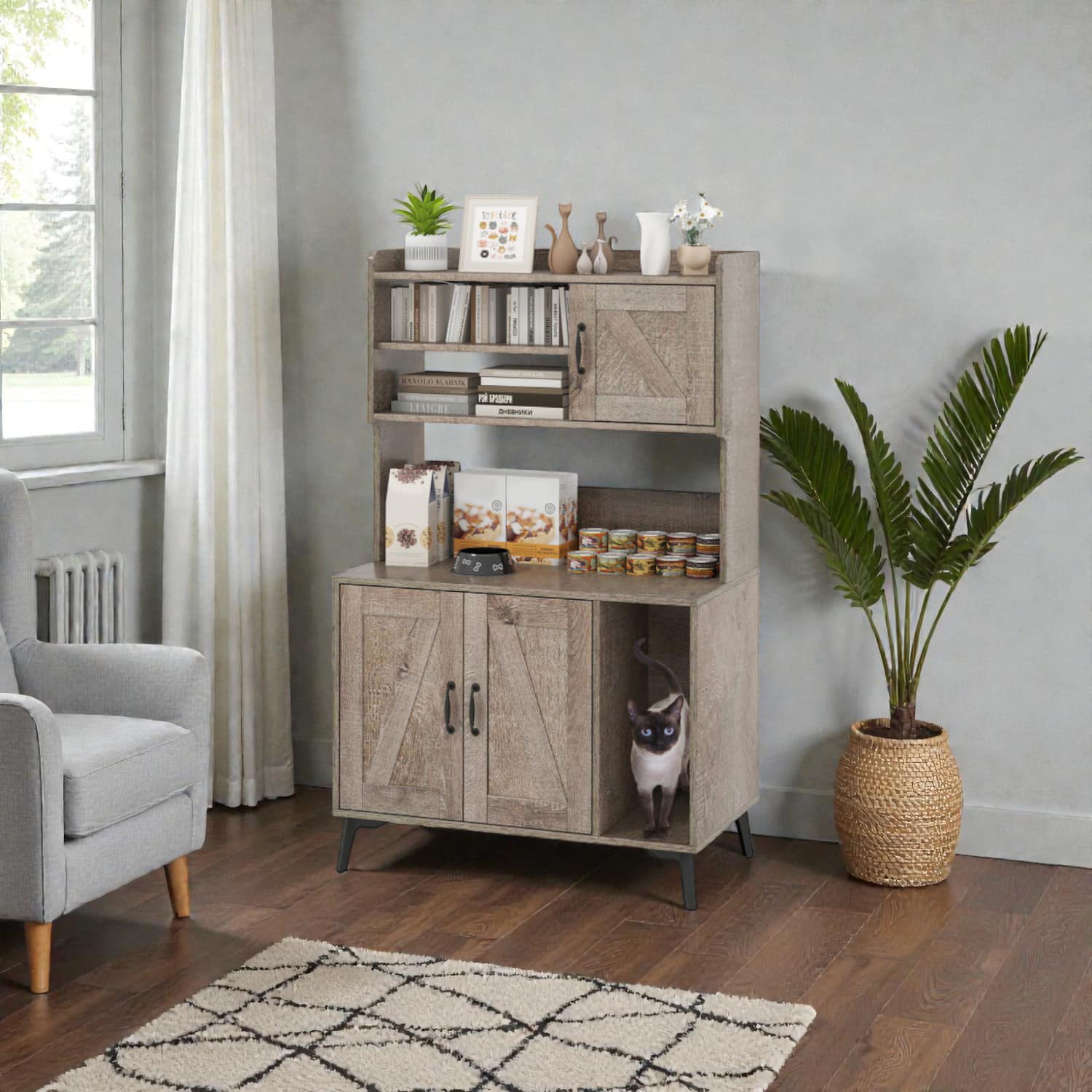 BreeBe - Wide Cat Litter House with Integrated Storage and Showcase Shelves - Oak