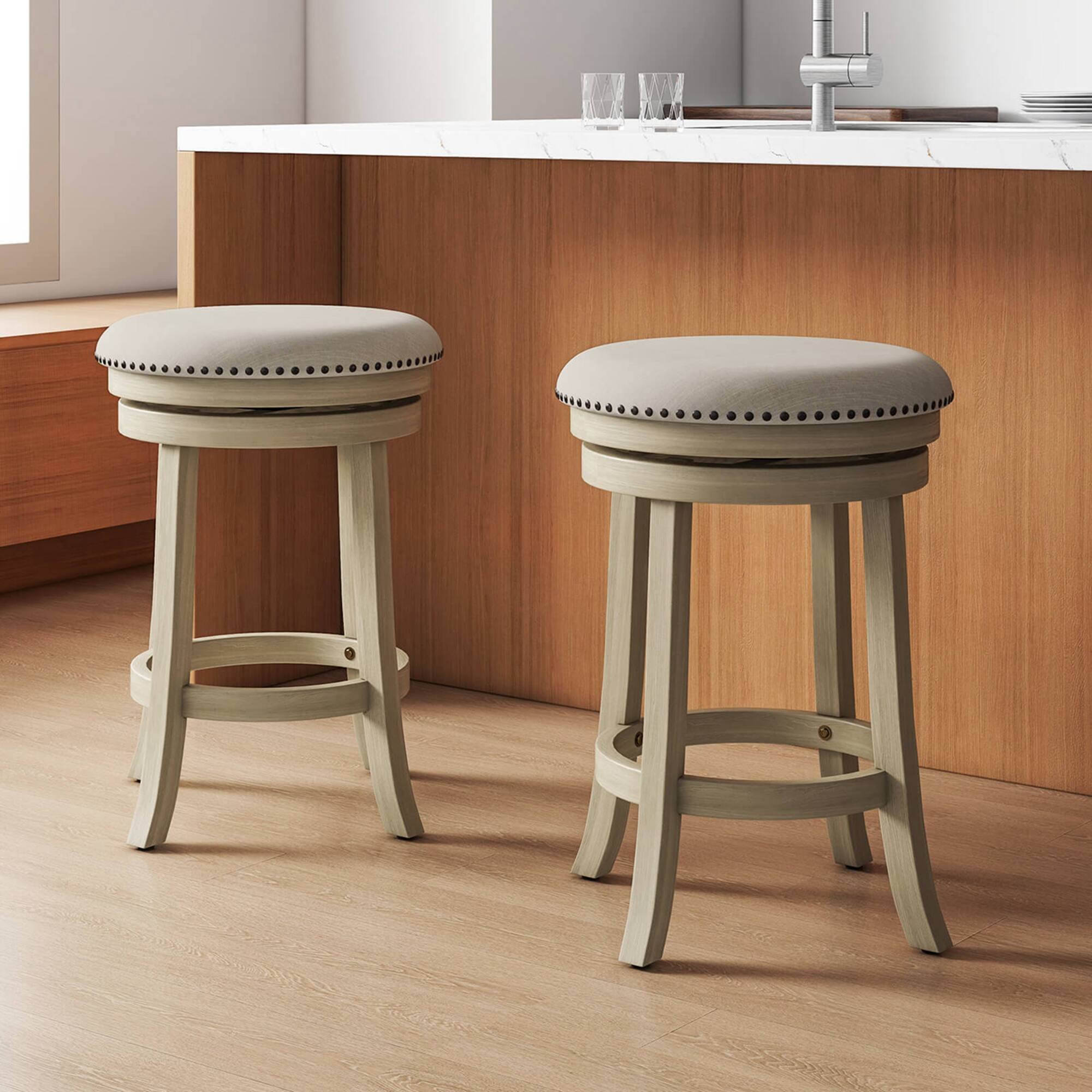 Alt View 1. Costway - Costway 26.5" Swivel Bar Stools Set of 2 Round Counter Height Barstools with Wooden Frame - Beige,Natural.