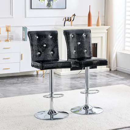 Front. Loheer - Vintage Faux Crocodile Lift Bar Stools Set of 2 Crystal Tufted 1.8x1.42x4.08 ft - Black.