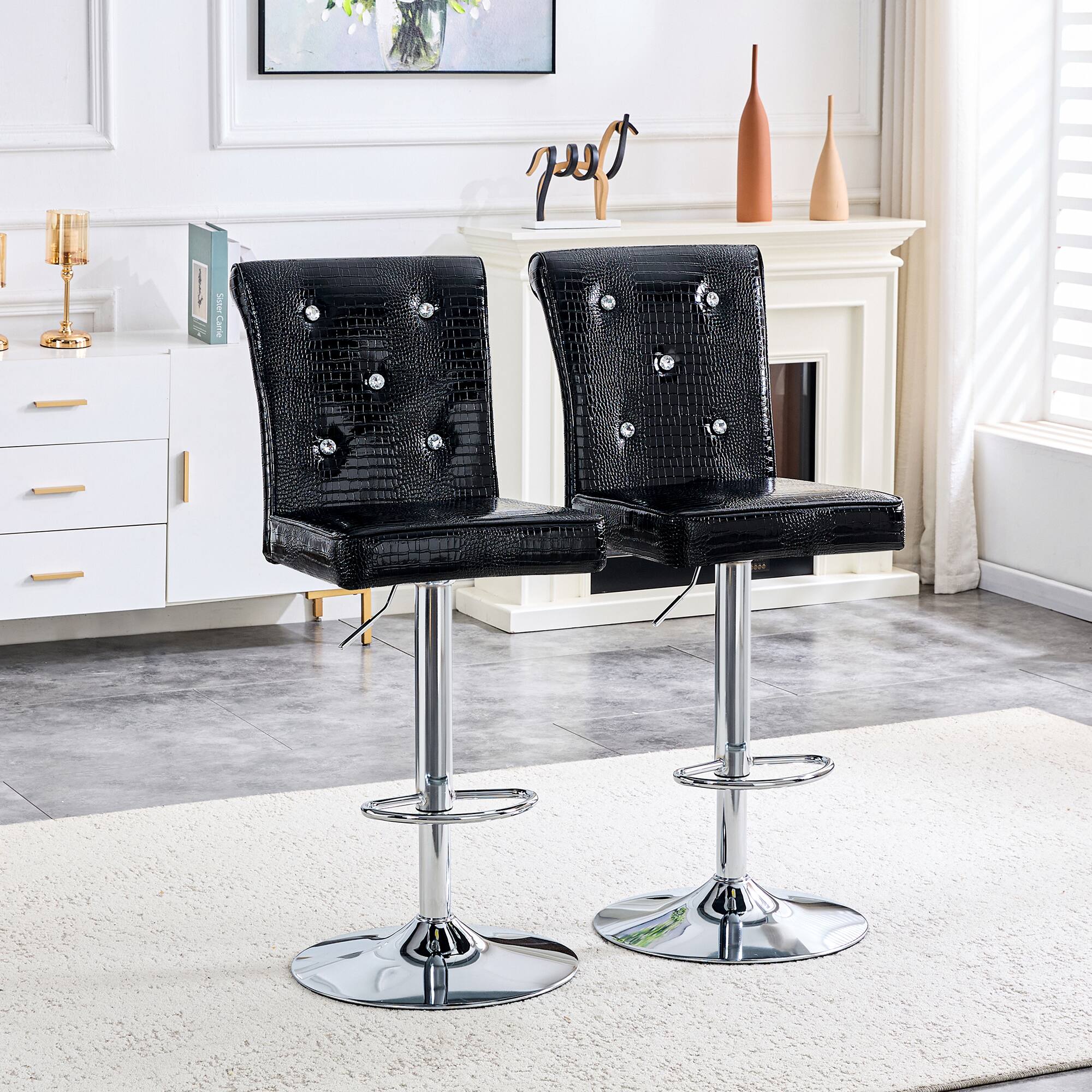 Front. Loheer - Vintage Faux Crocodile Lift Bar Stools Set of 2 Crystal Tufted 1.8x1.42x4.08 ft - Black.