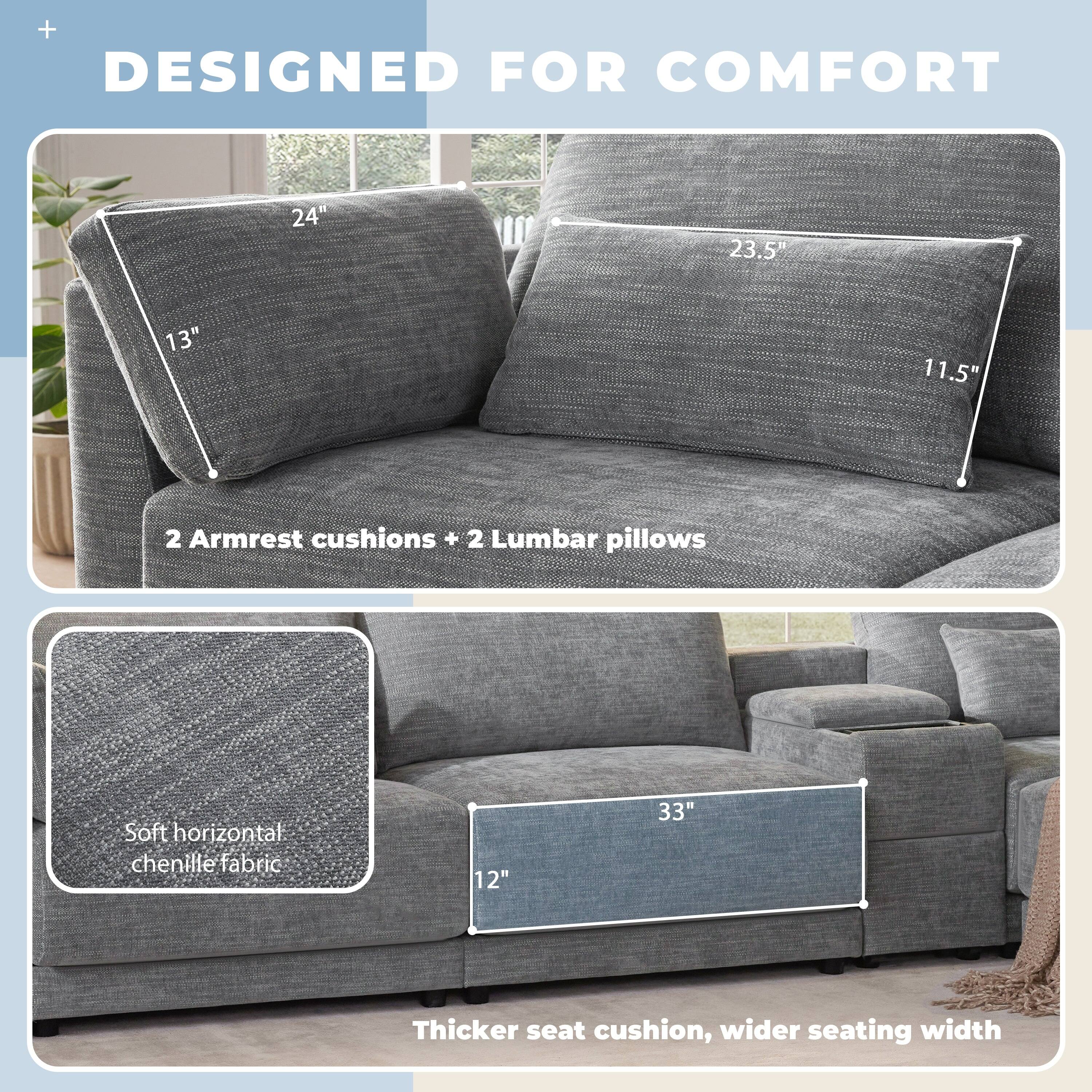 DESIGNED FOR COMFORT

24" x 13"  
23.5" x 11.5"  
2 Armrest cushions + 2 Lumbar pillows

Soft horizontal chenille fabric

12" x 33"  
Thicker seat cushion, wider seating width
