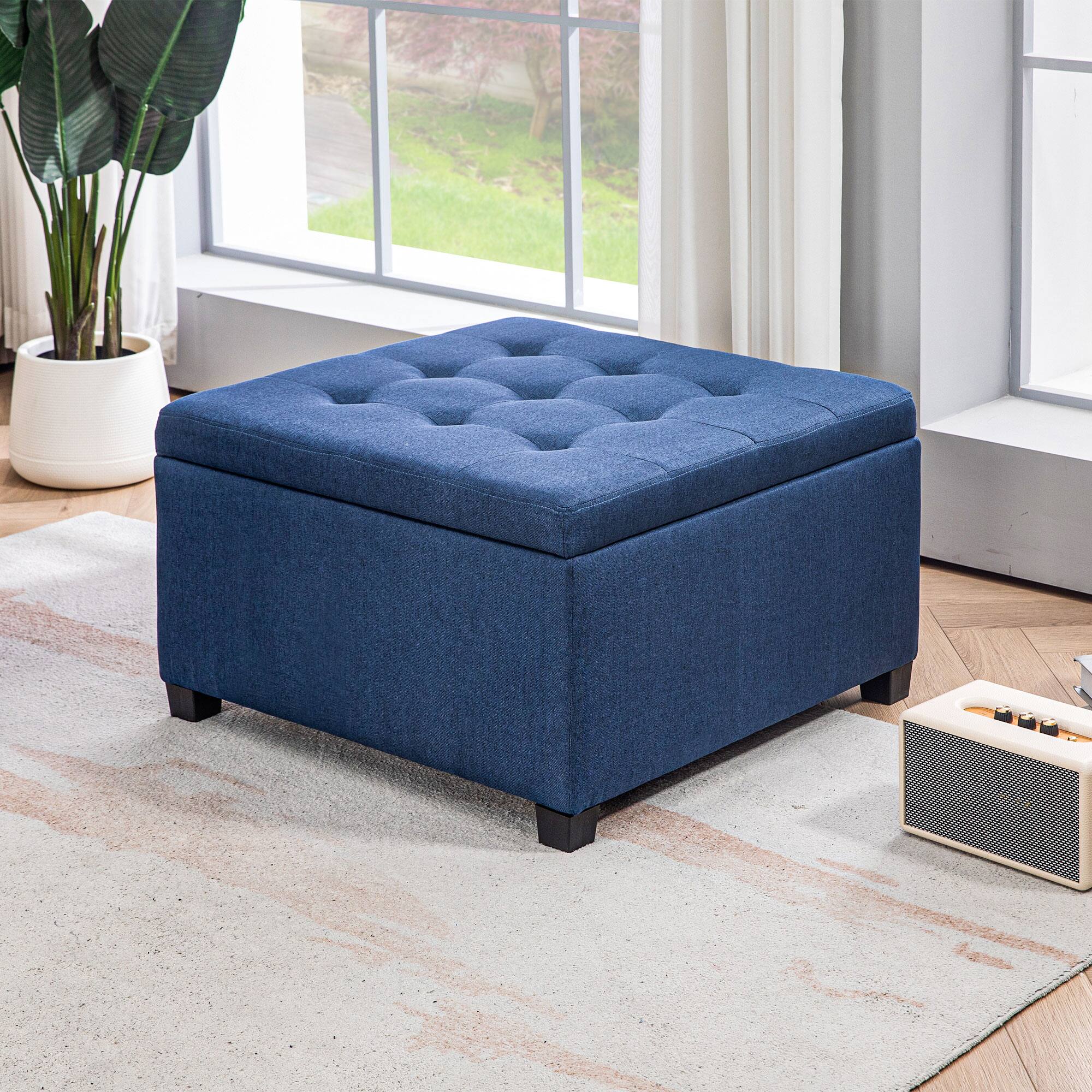 Alt View 7. Homcom - Square Fabric Tufted Storage Ottoman w/ Flip Top Lid & Eucalyptus Wood Frame - Blue.