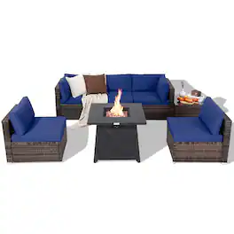 Costway - 7PCS Patio Rattan Furniture Set Fire Pit Table Cover Cushion - Navy