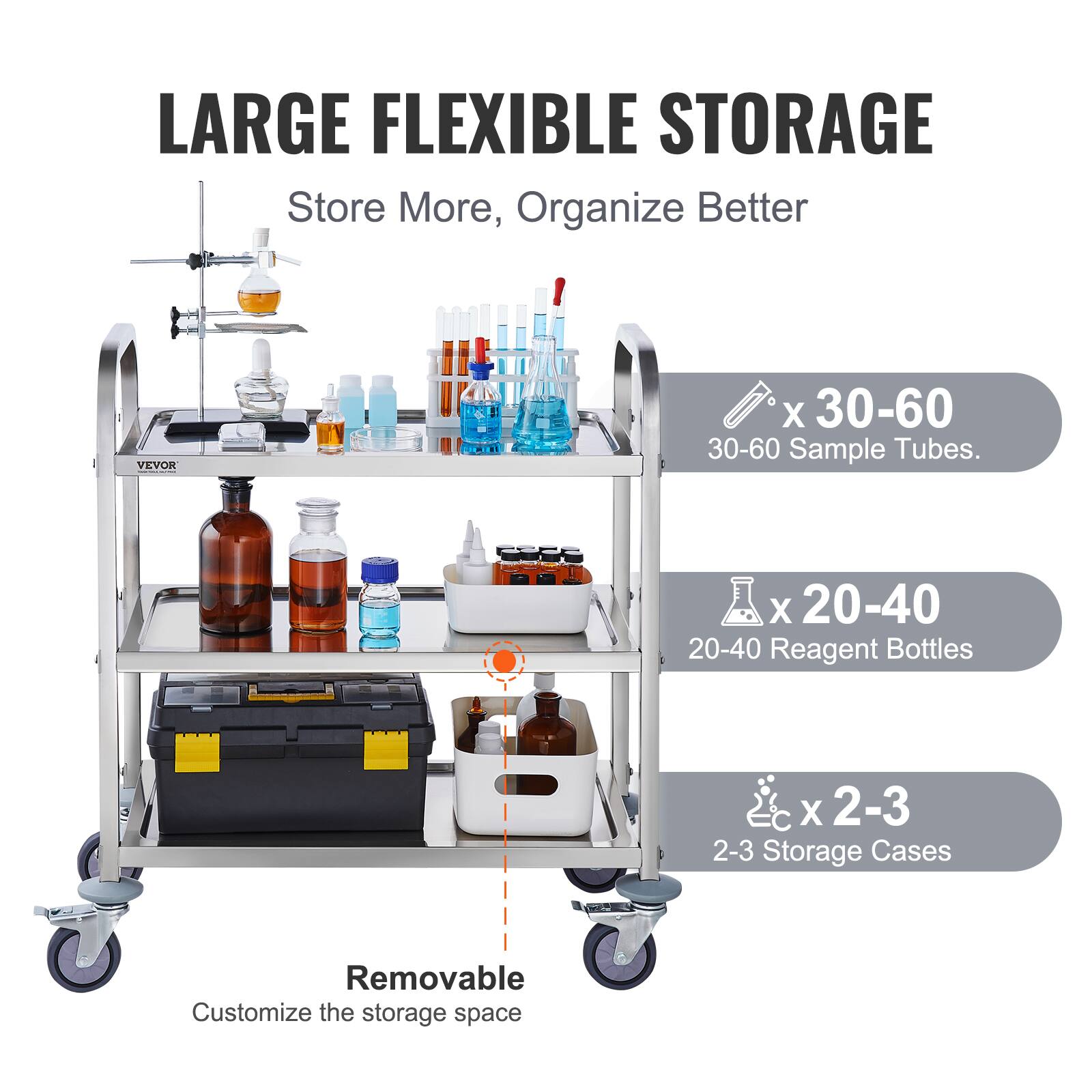 LARGE FLEXIBLE STORAGE
Store More, Organize Better
VEVOR
x 30-60
30-60 Sample Tubes.
x 20-40
20-40 Reagent Bottles
x 2-3
2-3 Storage Cases
Removable
Customize the storage space