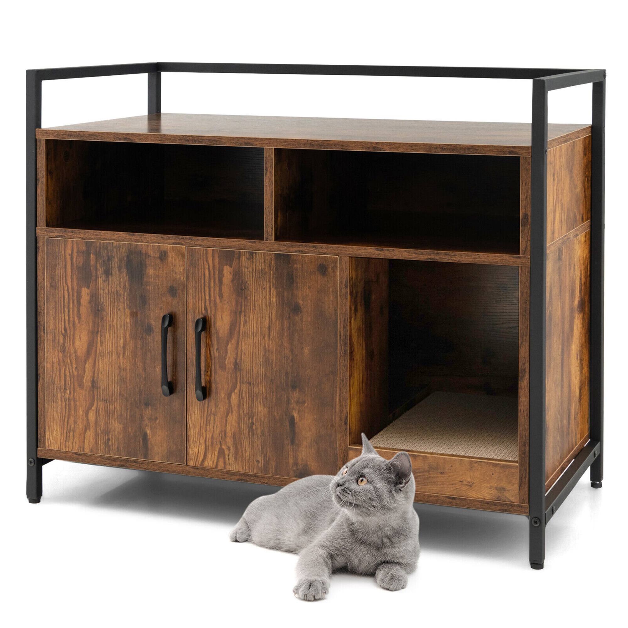 Front. Gymax - Gymax Large Litter Box Enclosure Cat Wooden Storage Cabinet with 2 Doors Coffee - Coffee.