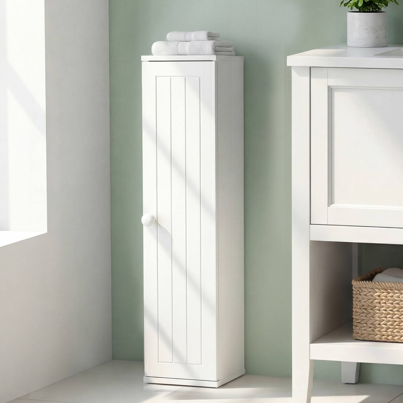 Alt View 3. Costway - Costway Slim Floor Cabinet with Door, Freestanding Wooden Storage Organizer w/ Removable Shelves - White.