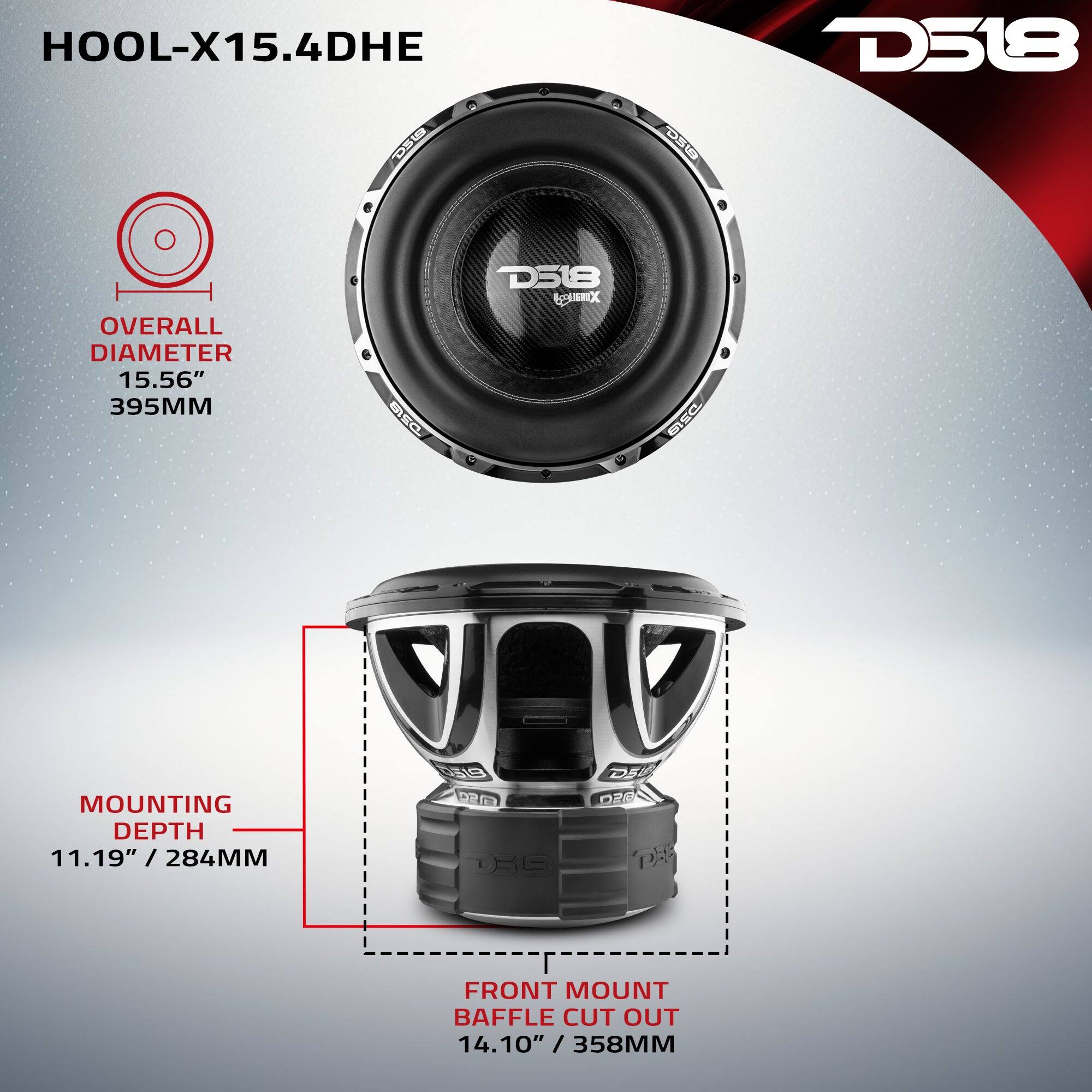 H00L-X15.4DHE

D519

D518

OVERALL DIAMETER 15.56" 395MM

D5LB

D518 XITILLERA

DSL

MOUNTING DEPTH 11.19" / 284MM

0519 D213 DIE

DSUB DEG pie

FRONT MOUNT BAFFLE CUT OUT 14.10" / 358MM