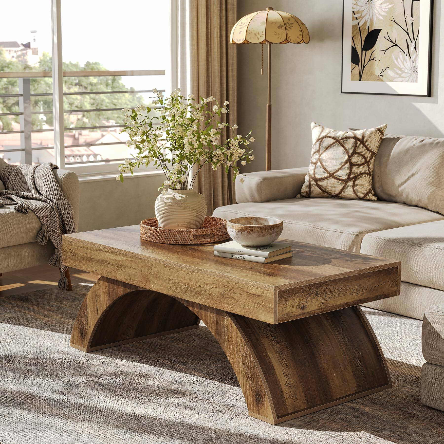 Left. Tribesigns - LITTLE TREE Modern Coffee Table, 47” Living Room Table, Rectangle Coffee Table with Artistic Arched Base, Wood Center Ta - Rustic Brown.