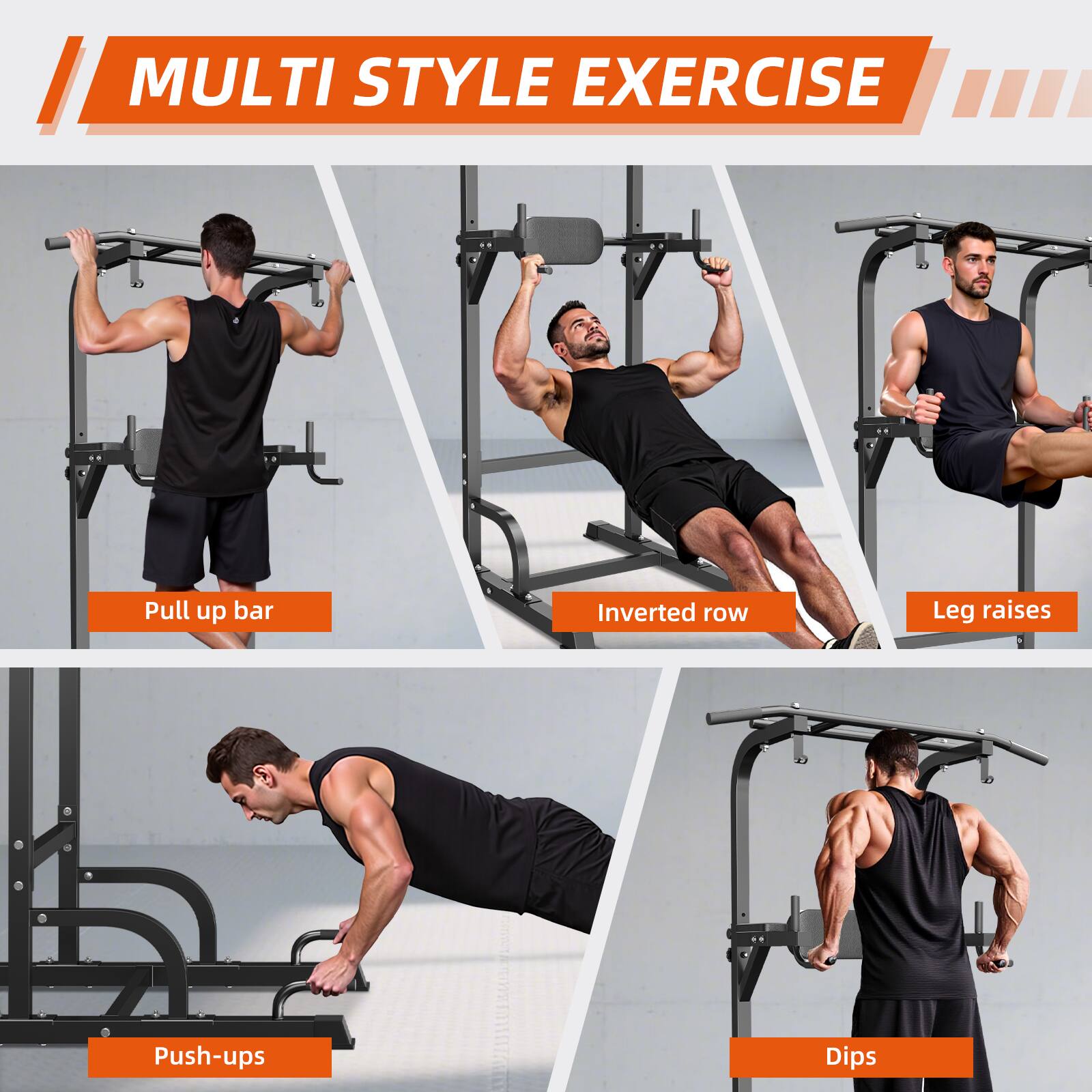 MULTI STYLE EXERCISE

- Pull up bar
- Inverted row
- Leg raises
- Push-ups
- Dips