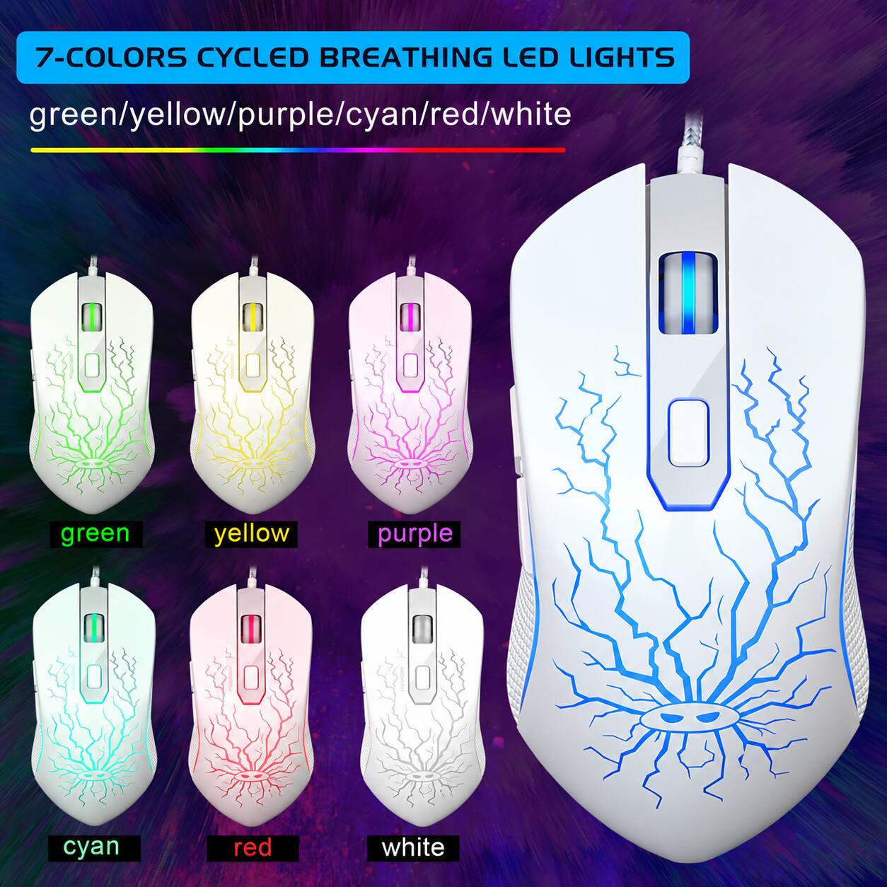 7-COLORS CYCLED BREATHING LED LIGHTS  
green/yellow/purple/cyan/red/white  
green  
yellow  
purple  
cyan  
red  
white