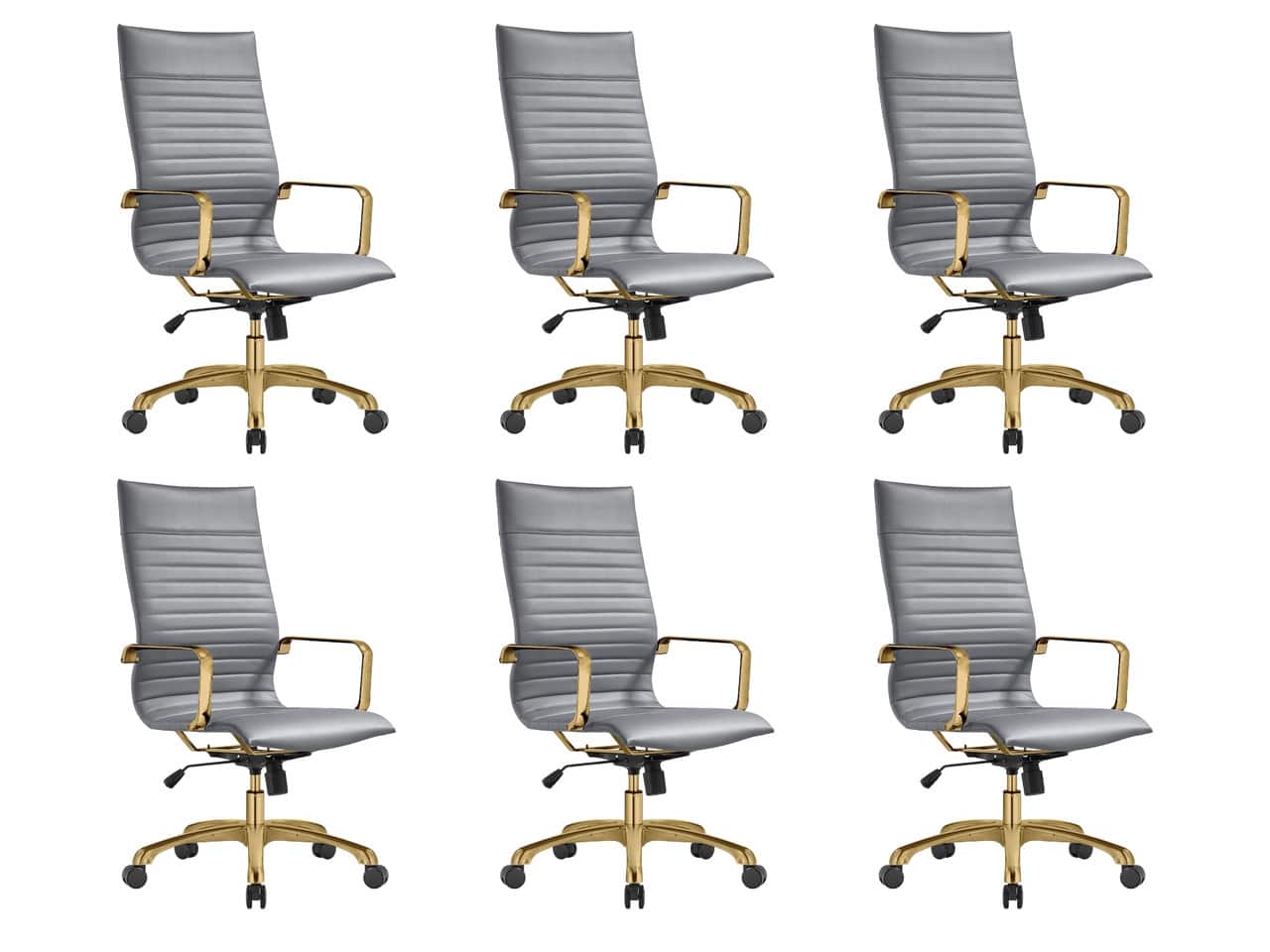 LeisureMod - Set of 6 Harris High-Back Leather Upholstered Office Task Chair with Gold Steel Frame and Swivel - Gray
