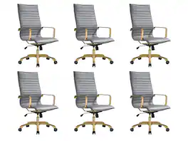 LeisureMod - Set of 6 Harris High-Back Leather Upholstered Office Task Chair with Gold Steel Frame and Swivel - Gray
