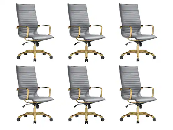 Front. LeisureMod - Set of 6 Harris High-Back Leather Upholstered Office Task Chair with Gold Steel Frame and Swivel - Grey.