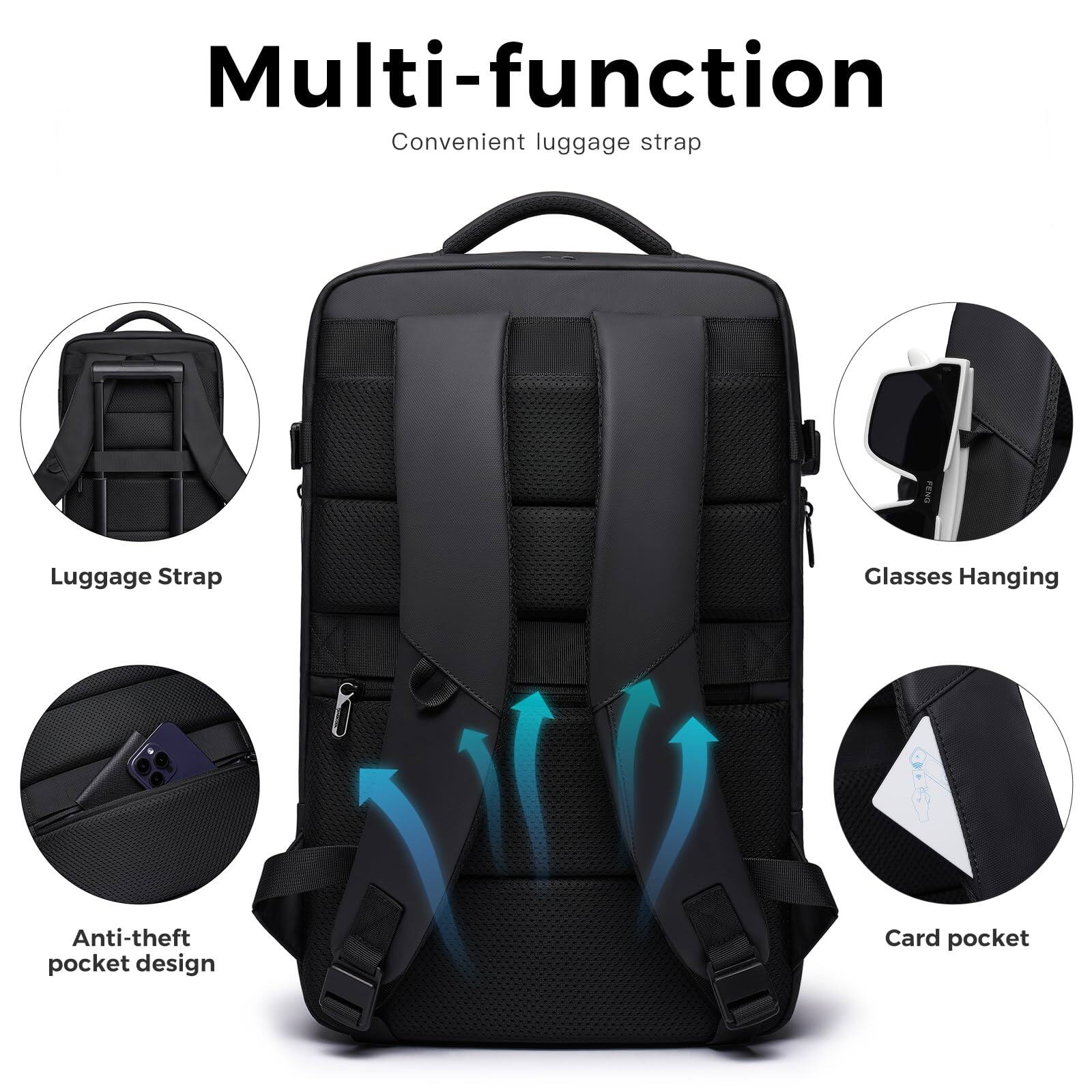 Back. Stamp n Camp - Travel Backpack For Men  17 3 Inches Business Laptop Water resistant Carry On Airline Approved 18x14x8 Luggage With Usb - Black-30l(no Expansion Daily Trip)-Large.
