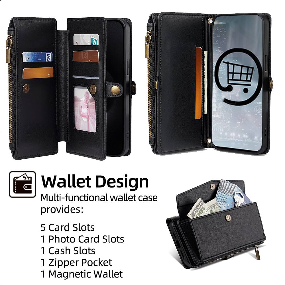 SA Wallet Design Multi-functional wallet case provides:  
5 Card Slots  
1 Photo Card Slots  
1 Cash Slots  
1 Zipper Pocket  
1 Magnetic Wallet