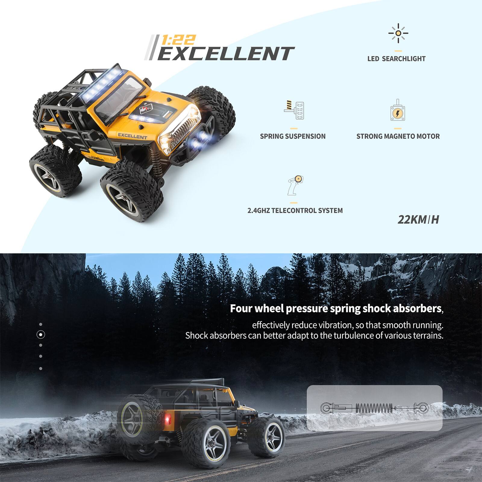 1:22 EXCELLENT  
- LED SEARCHLIGHT  
- EXCELLENT SPRING SUSPENSION  
- STRONG MAGNETO MOTOR  
- 2.4GHZ TELECONTROL SYSTEM  
- 22KM/H  

Four wheel pressure spring shock absorbers, effectively reduce vibration, so that smooth running. Shock absorbers can better adapt to the turbulence of various terrains.