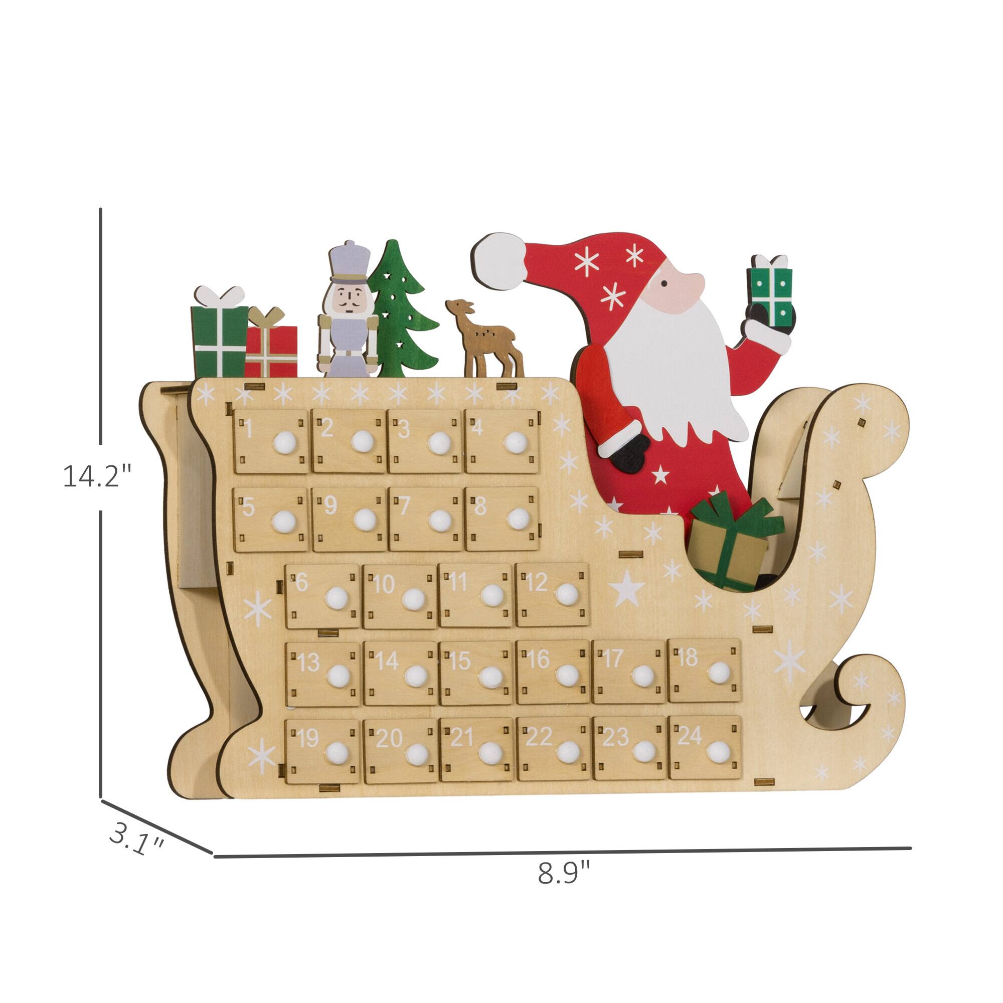 The dimensions of the wooden advent calendar are 14.2 inches in height and 8.9 inches in width.