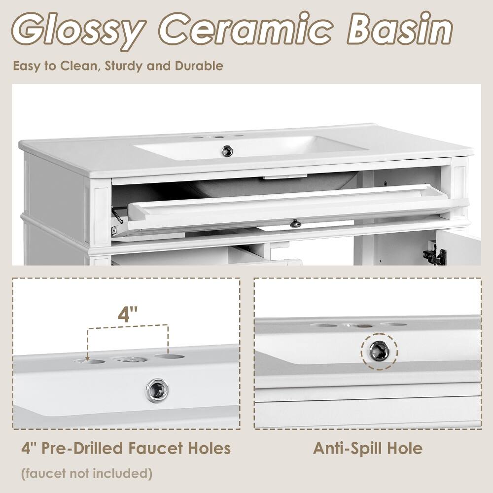 Glossy Ceramic Basin  
Easy to Clean, Sturdy and Durable  

4" Pre-Drilled Faucet Holes (faucet not included)  
Anti-Spill Hole