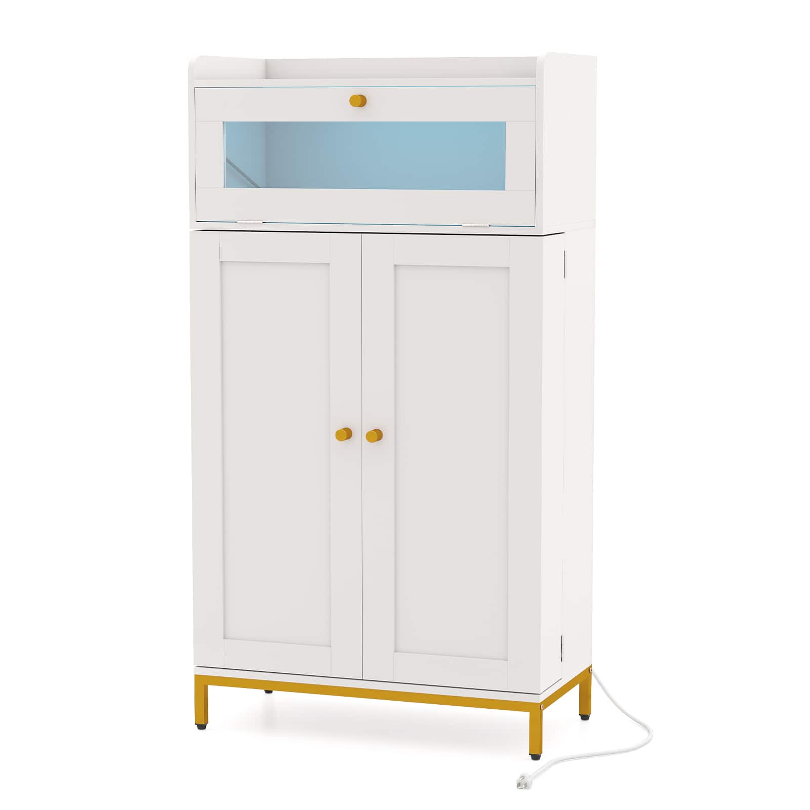 Gymax - Kitchen Pantry Cabinet Power Outlet & APP Control LED Lights Acrylic Flip Door - White