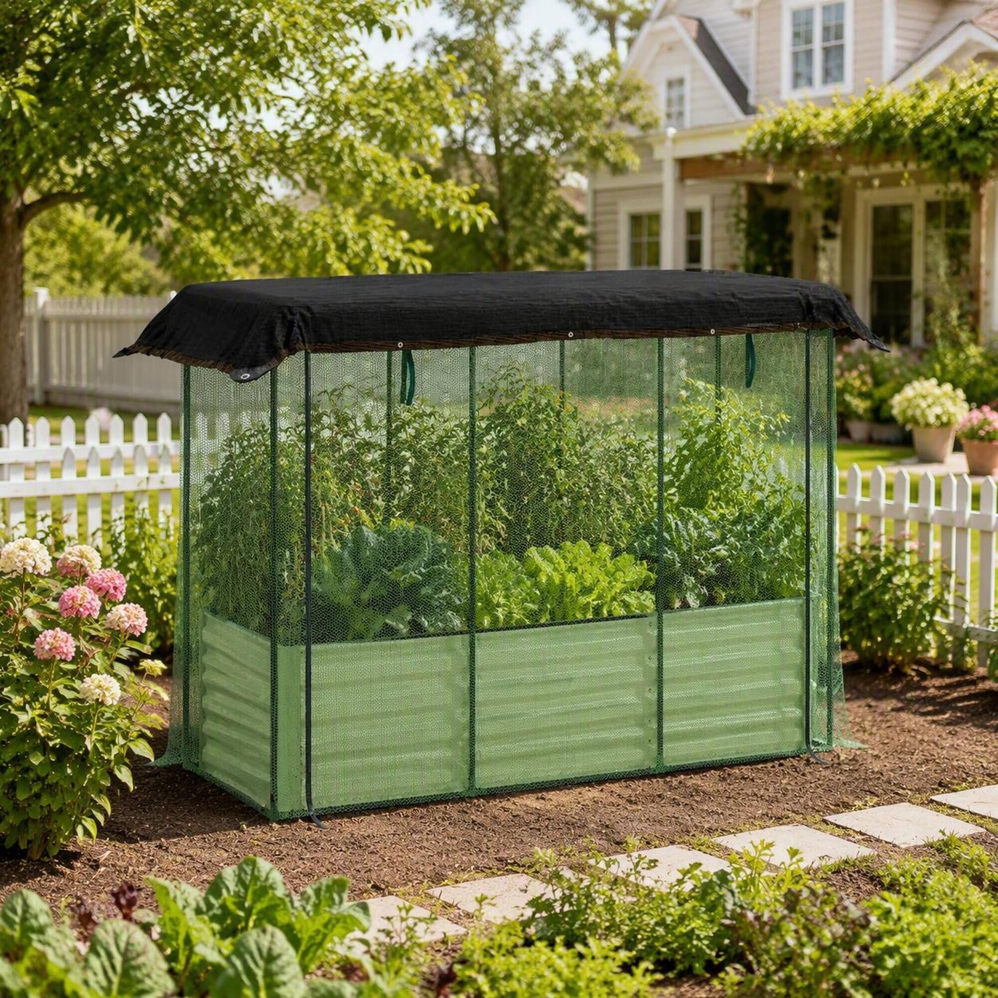 Alt View 1. RYHNUYNE - Raised Garden Bed with Crop Cage and Shade Cloth, Galvanized Steel Planter Box with Open Bottom for Vegetables - Beige.