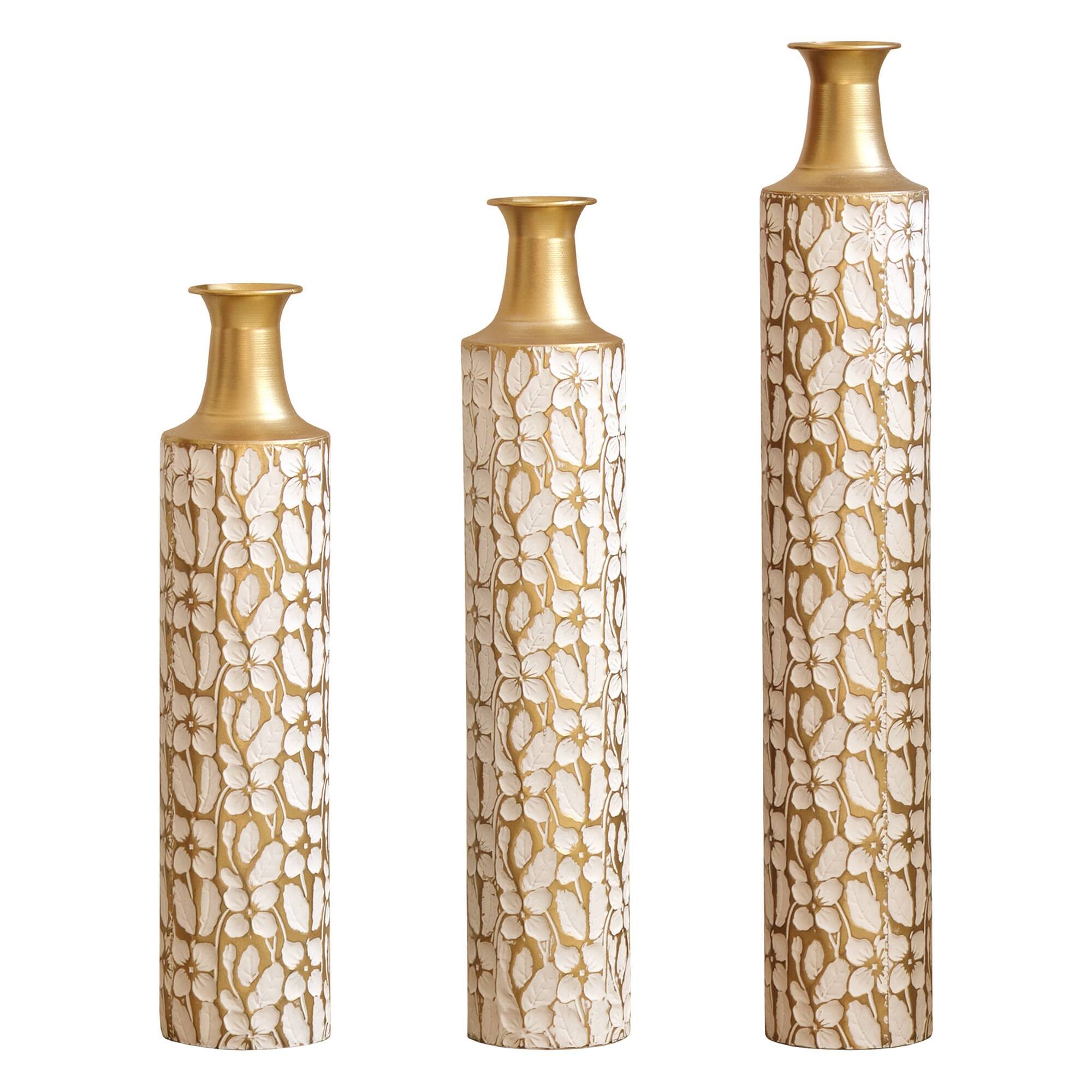 Front. Boyel Living - Set of 3 Tall Metal Floor Vases with Floral Relief Pattern - Antique White.