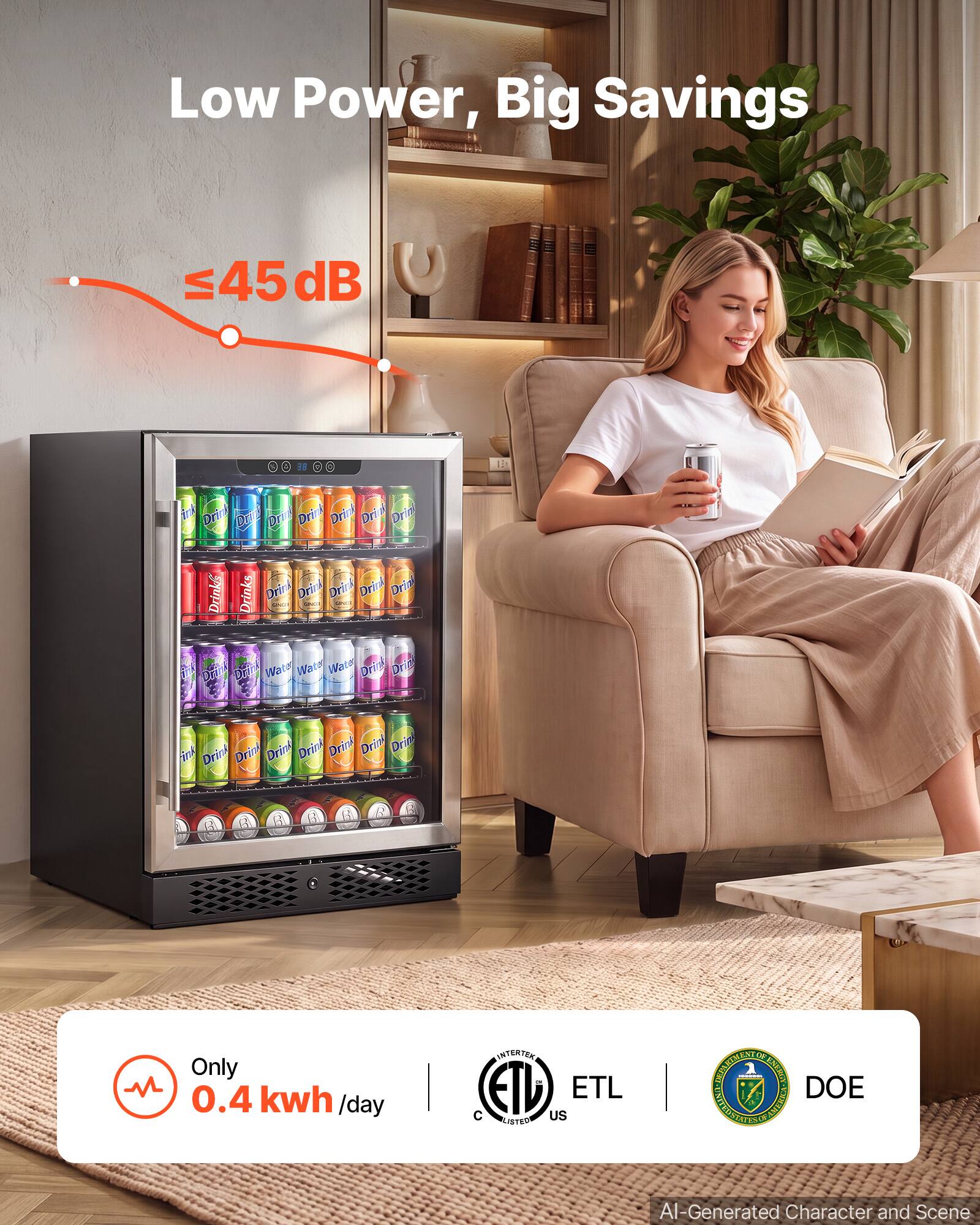Low Power, Big Savings

≤45 dB

Only 0.4 kwh/day

INTERTEK ETL US

ENERGY STAR

DOE

AI-Generated Character and Scene
