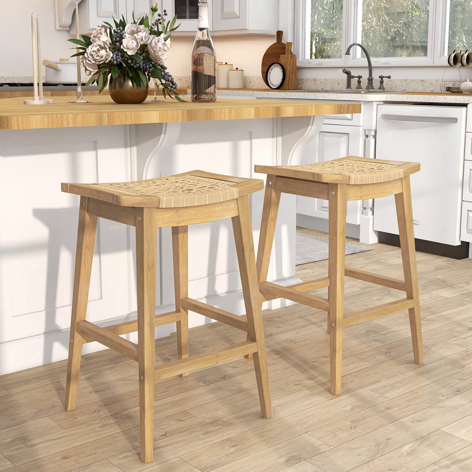 Alt View 2. Costway - Costway 1 PCS 29" Teak Wood Bar Stool with Footrest & Saddle Seat Boho Bar Height Stool - Natural.