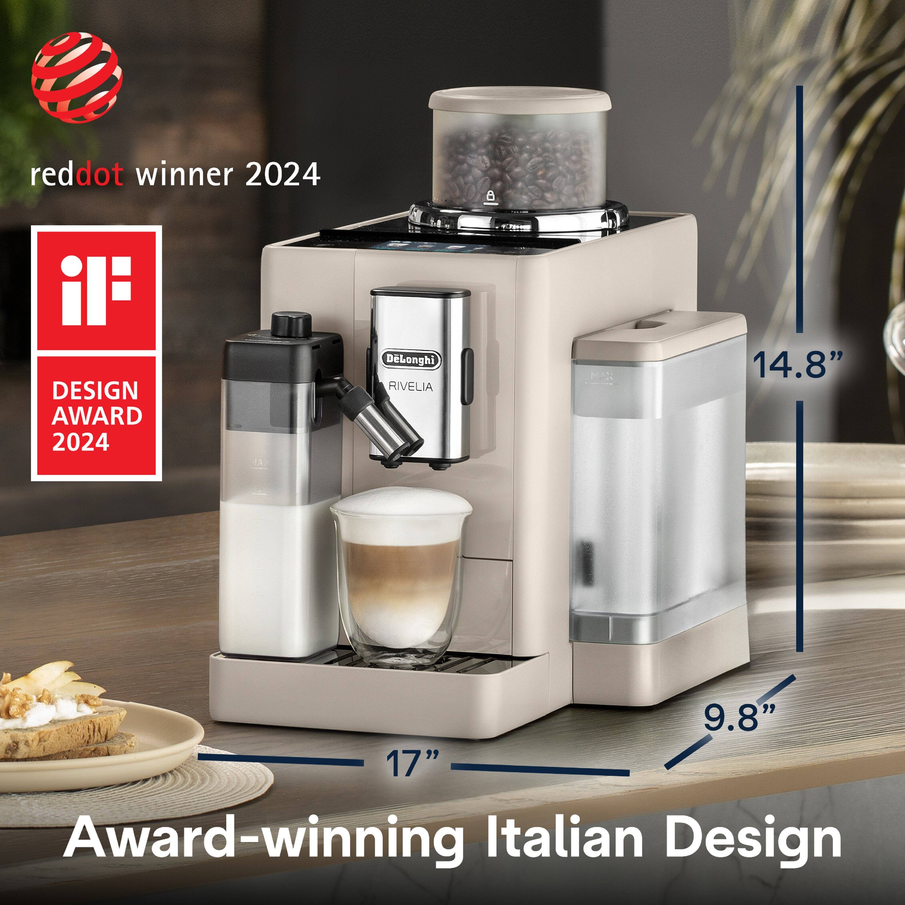 reddot winner 2024  
DESIGN AWARD 2024  
DeLonghi RIVELIA  
14.8" 9.8" 17"  
Award-winning Italian Design