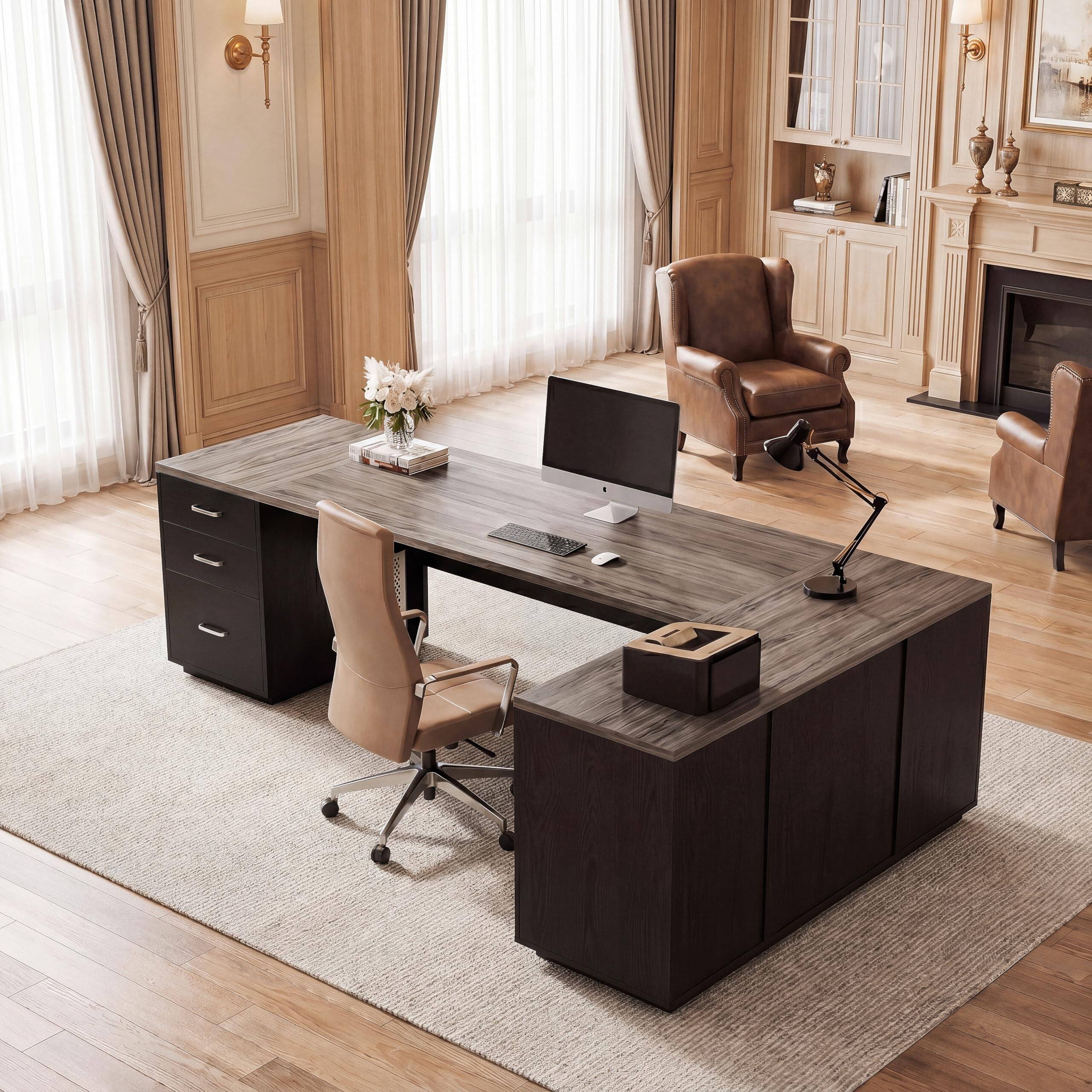 Alt View 6. Tribesigns - 85.8-Inch L-Shaped Executive Desk, Grey & Black - Grey & Black.