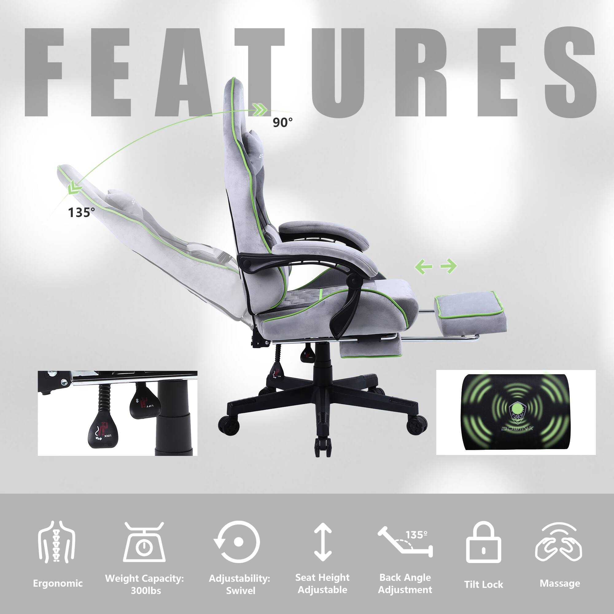 **FEATURES**

- **Ergonomic**
- **Weight Capacity:** 300lbs
- **Adjustability:** Swivel
- **Seat Height:** Adjustable
- **Back Angle Adjustment:** 135°
- **Tilt Lock**
- **Massage**